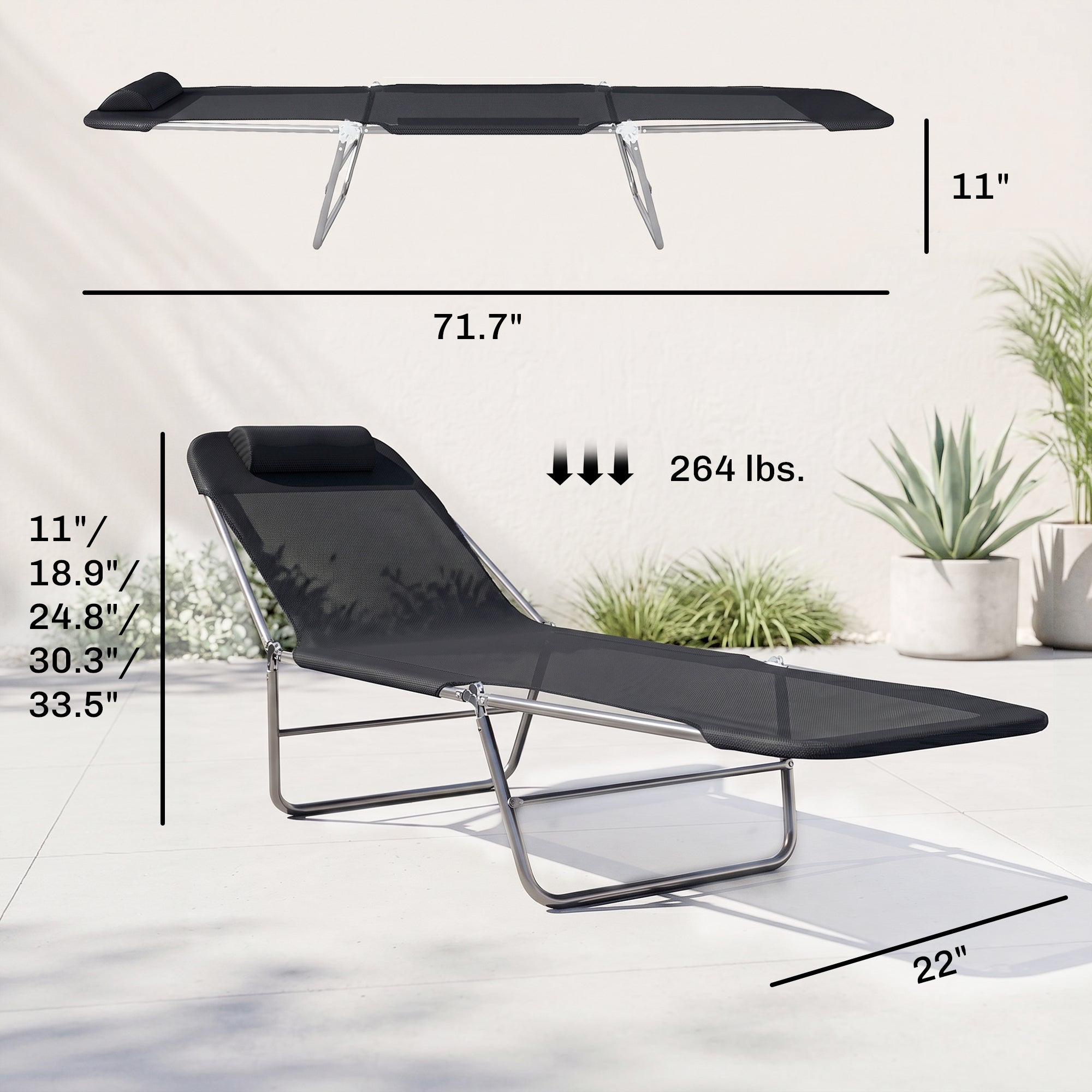 Folding Chaise Lounge Pool Chairs, Outdoor Sun Tanning Chairs with Pillow, Reclining Back, Steel Frame & Breathable Mesh for Beach, Yard, Patio, Black