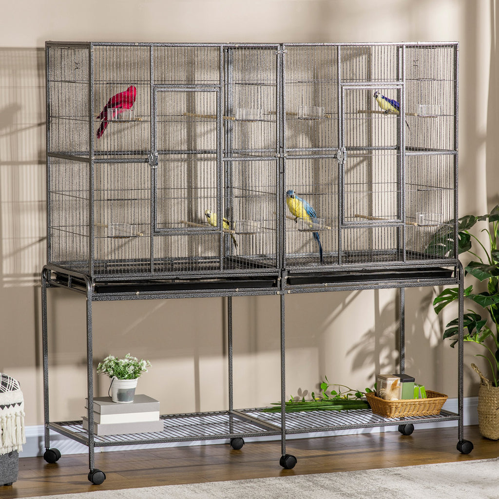 Rolling 65"L Bird Cage w/ Storage Shelf Wood Perch Food Container