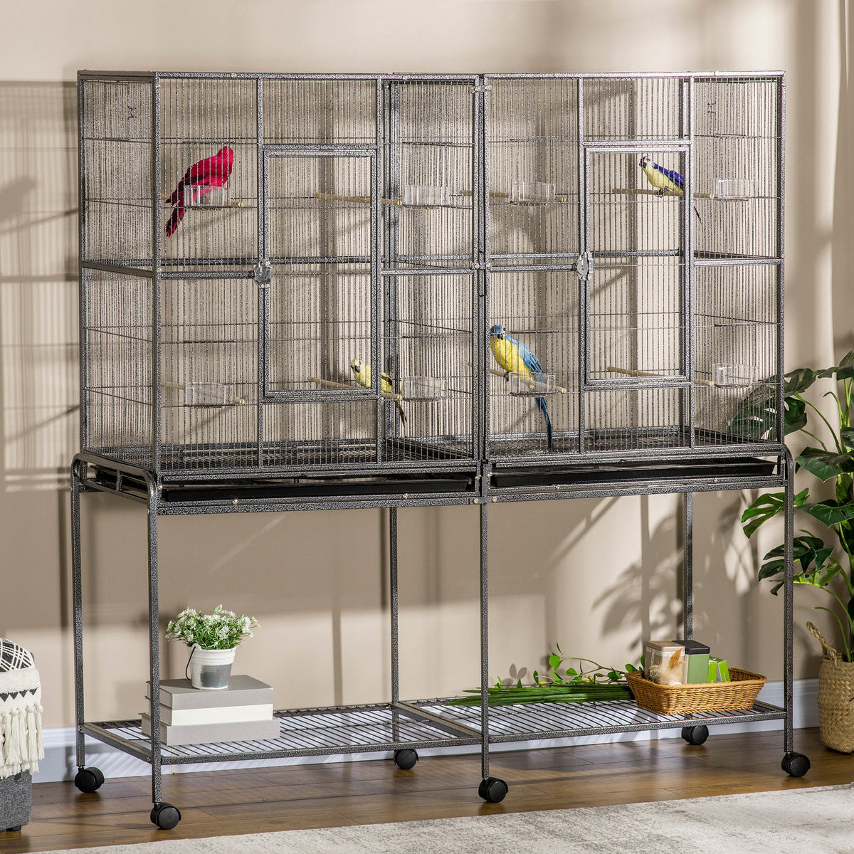 Rolling 65"L Bird Cage w/ Storage Shelf Wood Perch Food Container
