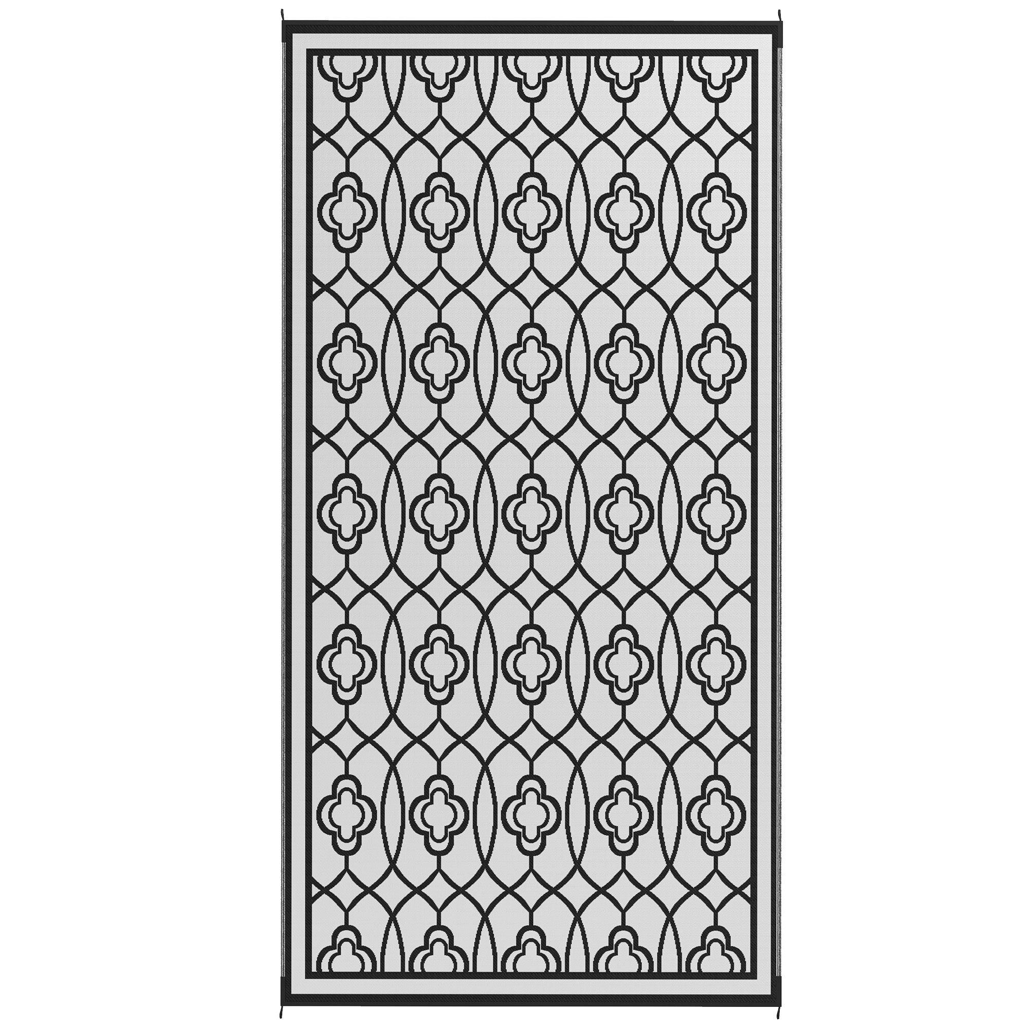 Reversible Outdoor Rug, Waterproof Plastic Straw with Carry Bag, 9' x 18', Black & White Lantern
