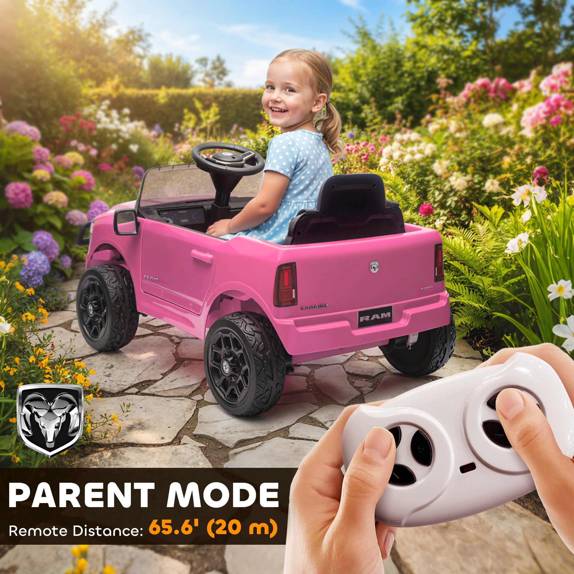 12V Kids Ride on Car, Licensed RAM 3500 Ride on Toys with Dual Motors, Remote Control for Toddlers, Pink