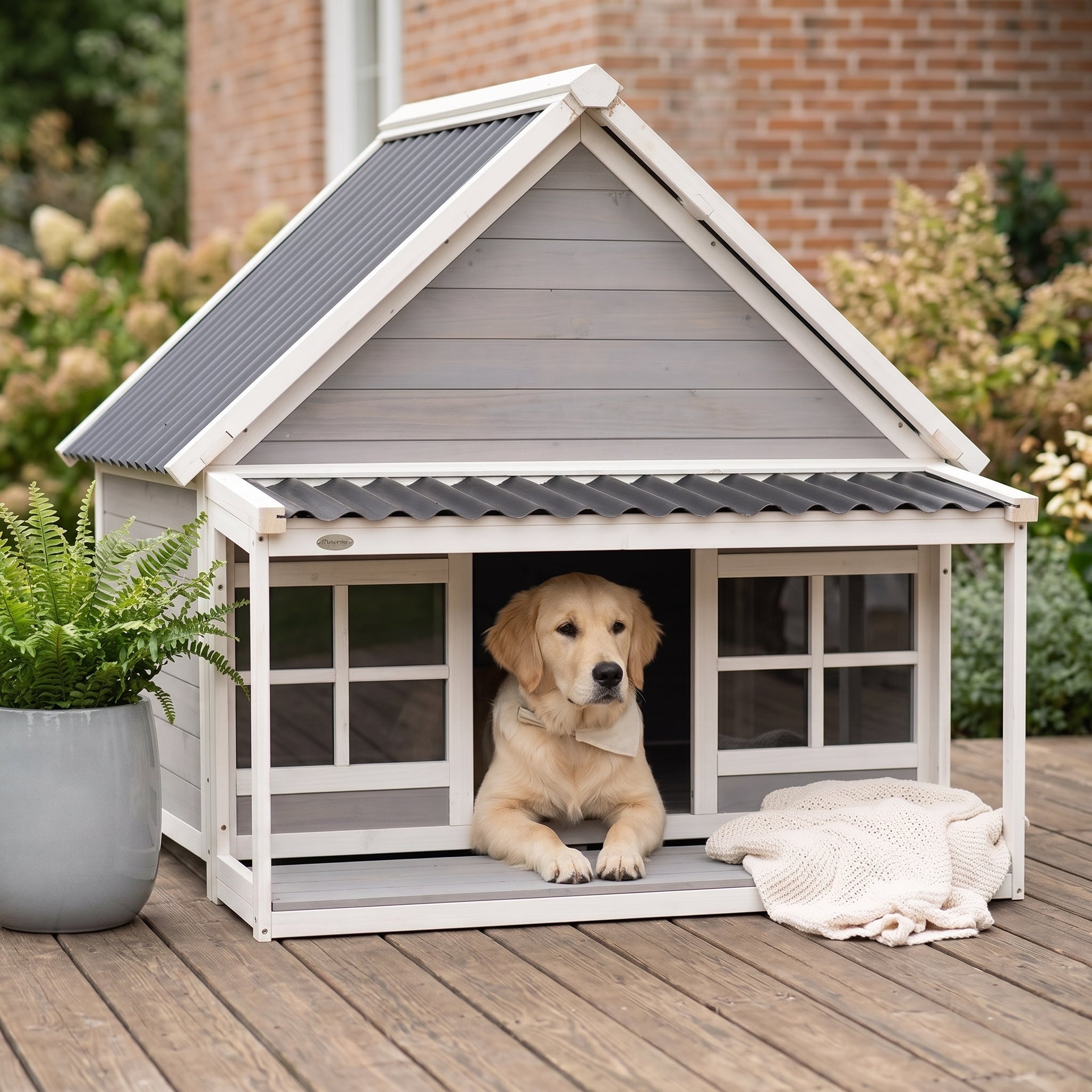 Wooden Dog House with Porch, Dog House Outdoor with Tilt Roof, Front Door, Windows for Medium Large Sized Dog