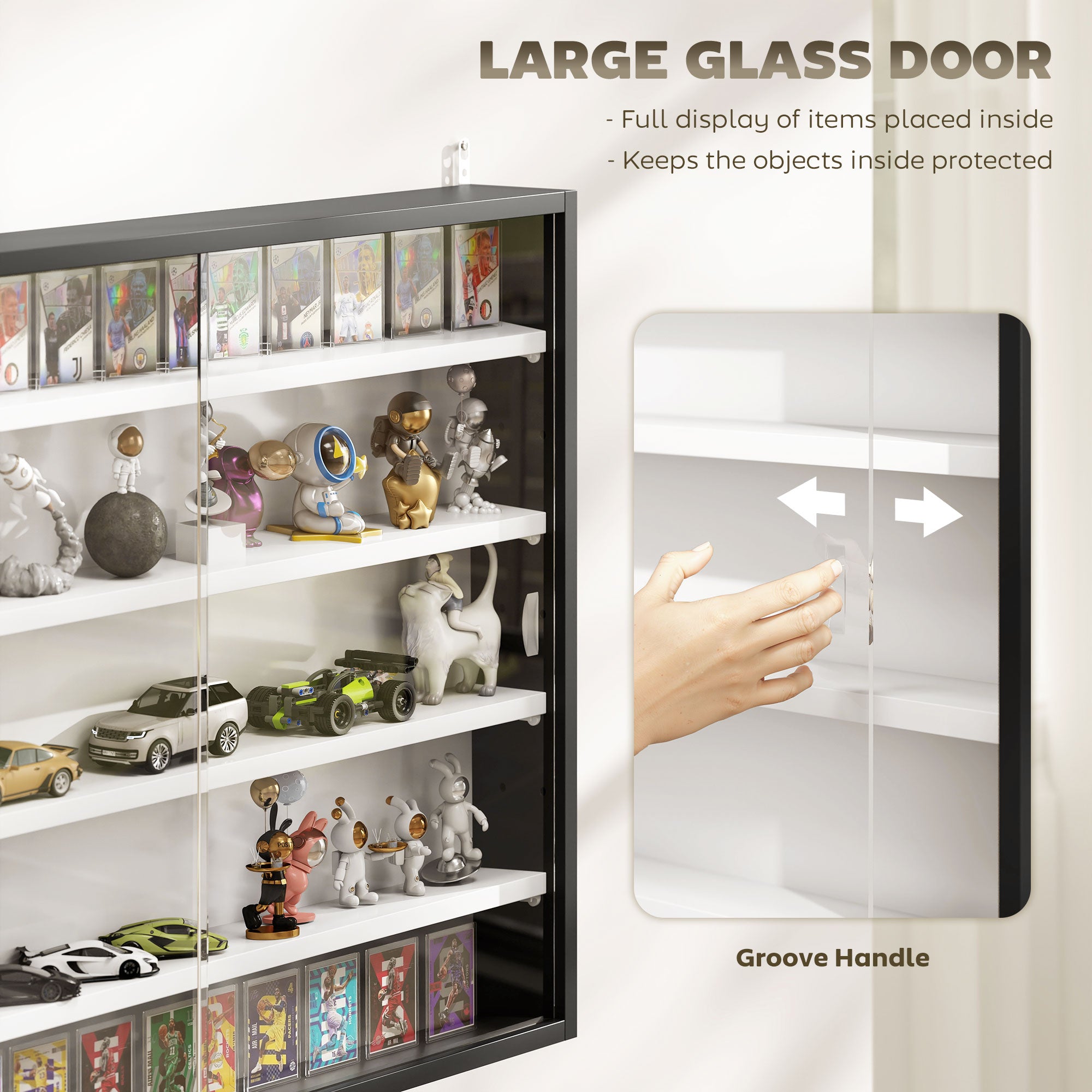 5-Tier Display Cabinet, Wall-Mounted Display Case with 2 Glass Doors and Adjustable Shelves, Black