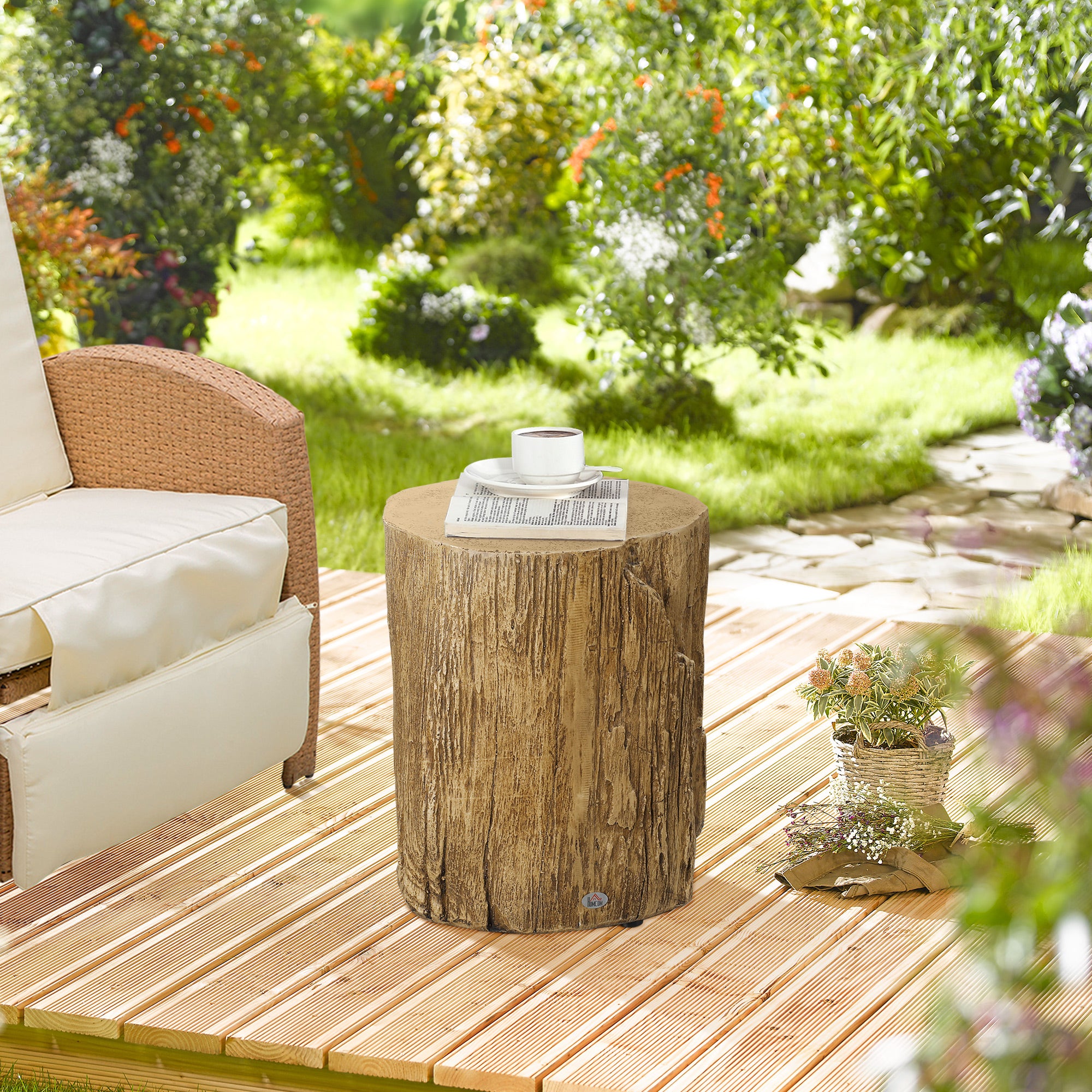 17" Tall Tree Stump End Table, Concrete Sofa Side Table for Indoor and Outdoor Use, Garden Stool