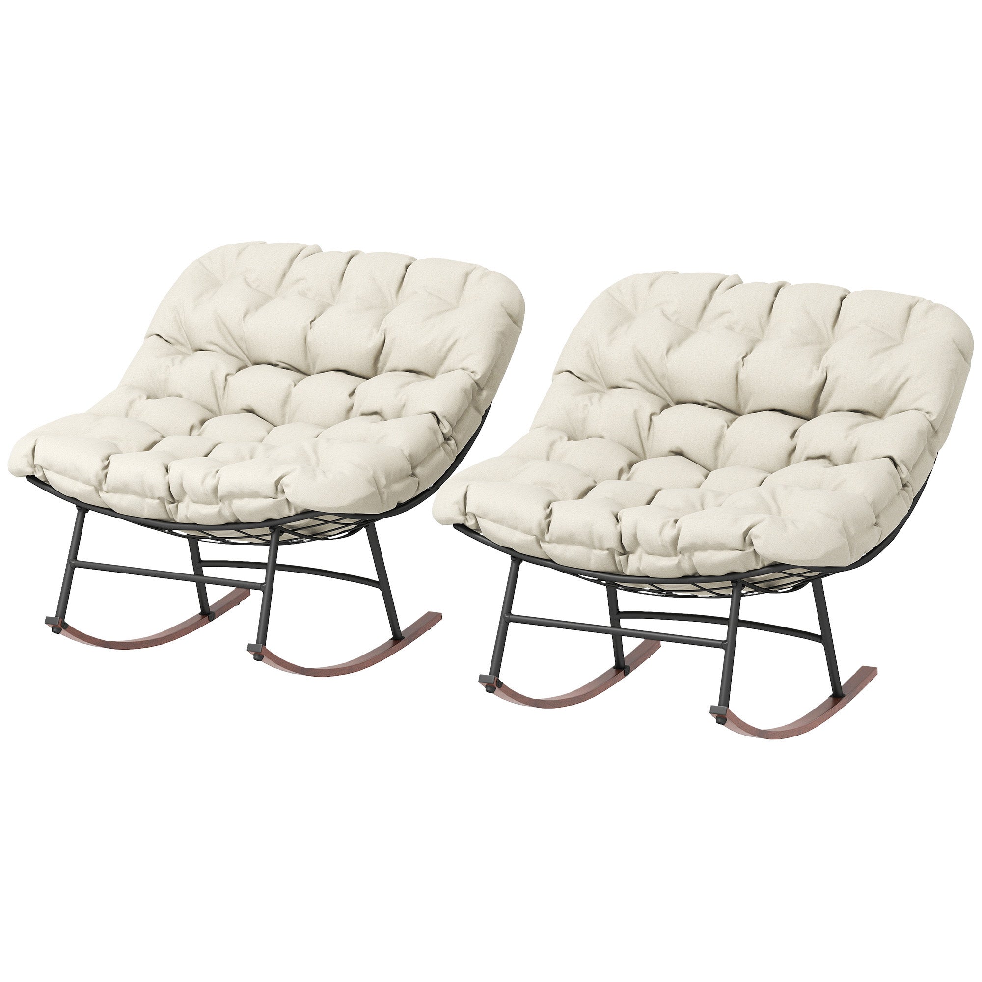 Outdoor Rocking Chair Patio Set of 2, Oversized Rocking Papasan Chairs with Cushions for Garden Porch, 265 lbs., Beige