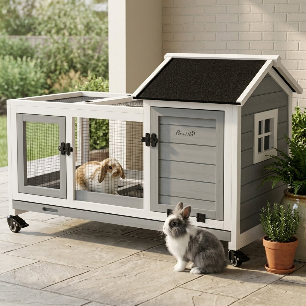 Wooden Rabbit Hutch with Wheels, Run, Slide-out Tray for Small Animals, Guinea Pig, Blue