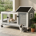 Wooden Rabbit Hutch with Wheels, Run, Slide-out Tray for Small Animals, Guinea Pig, Blue