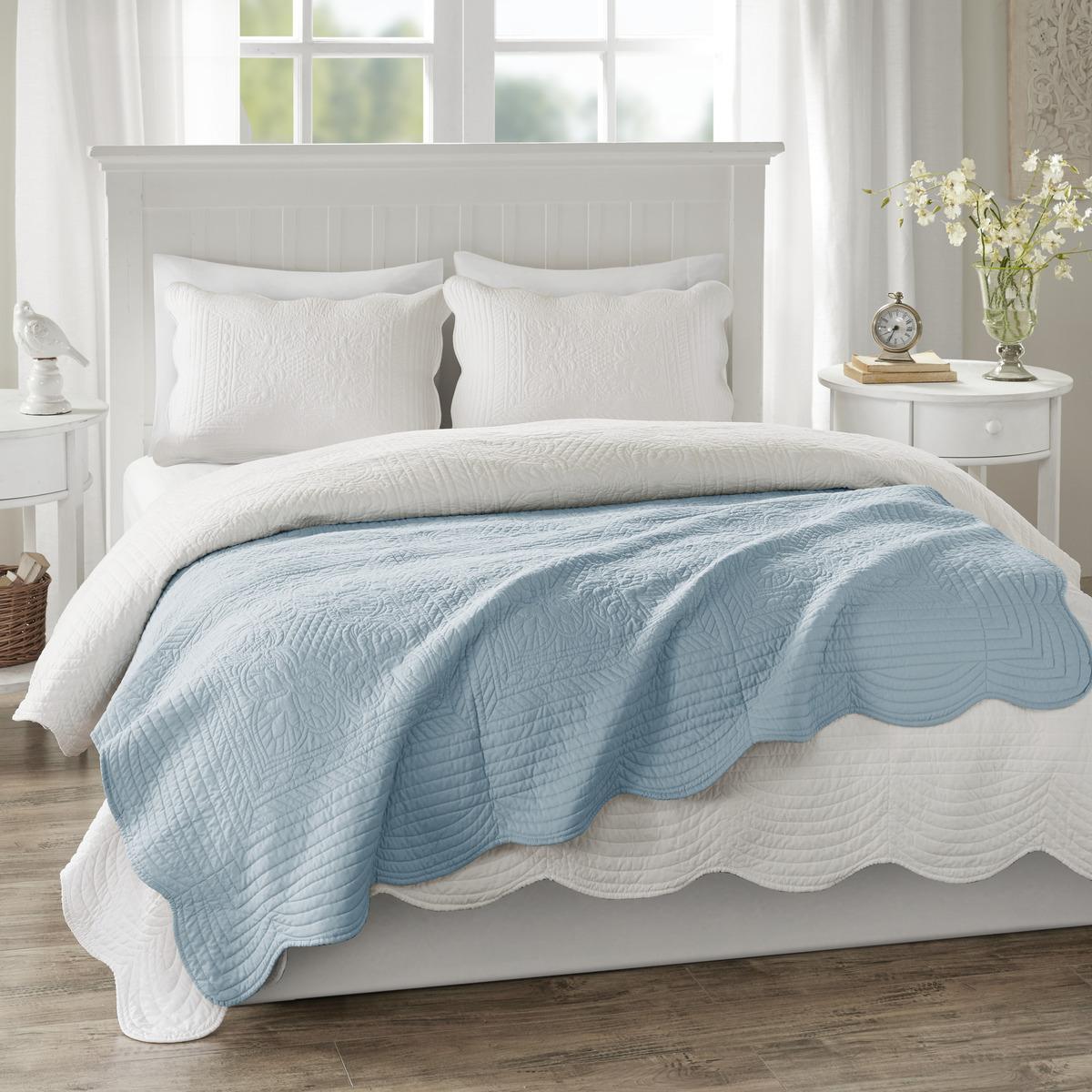 Antimicrobial Oversized Quilted Throw with Scalloped Edges, Microfiber and Cotton Blend, Machine Washable, 72" L x 60" W x 0.25" H, Blue