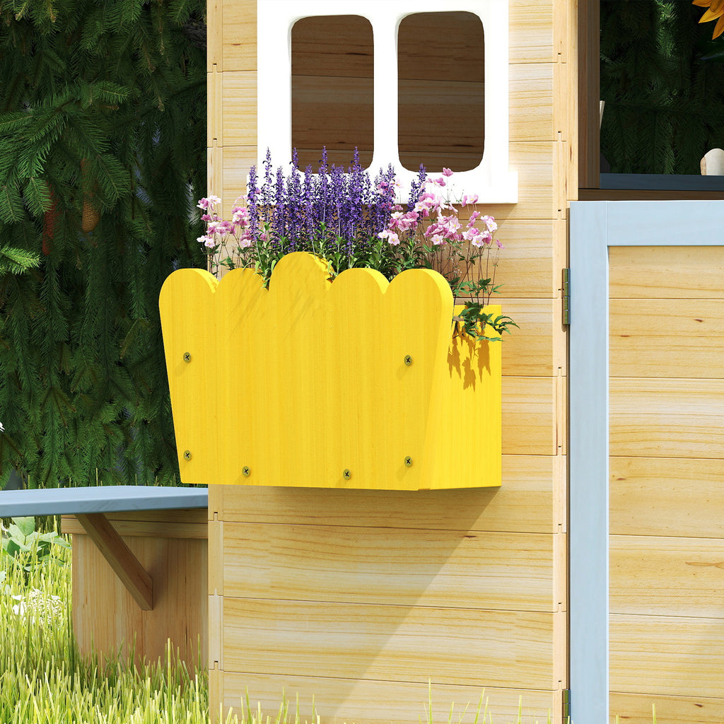 Wooden Playhouse for Kids Outdoor Garden with Working Door, Windows, Bench, Service Station, Flowers Pot Holder, Blue