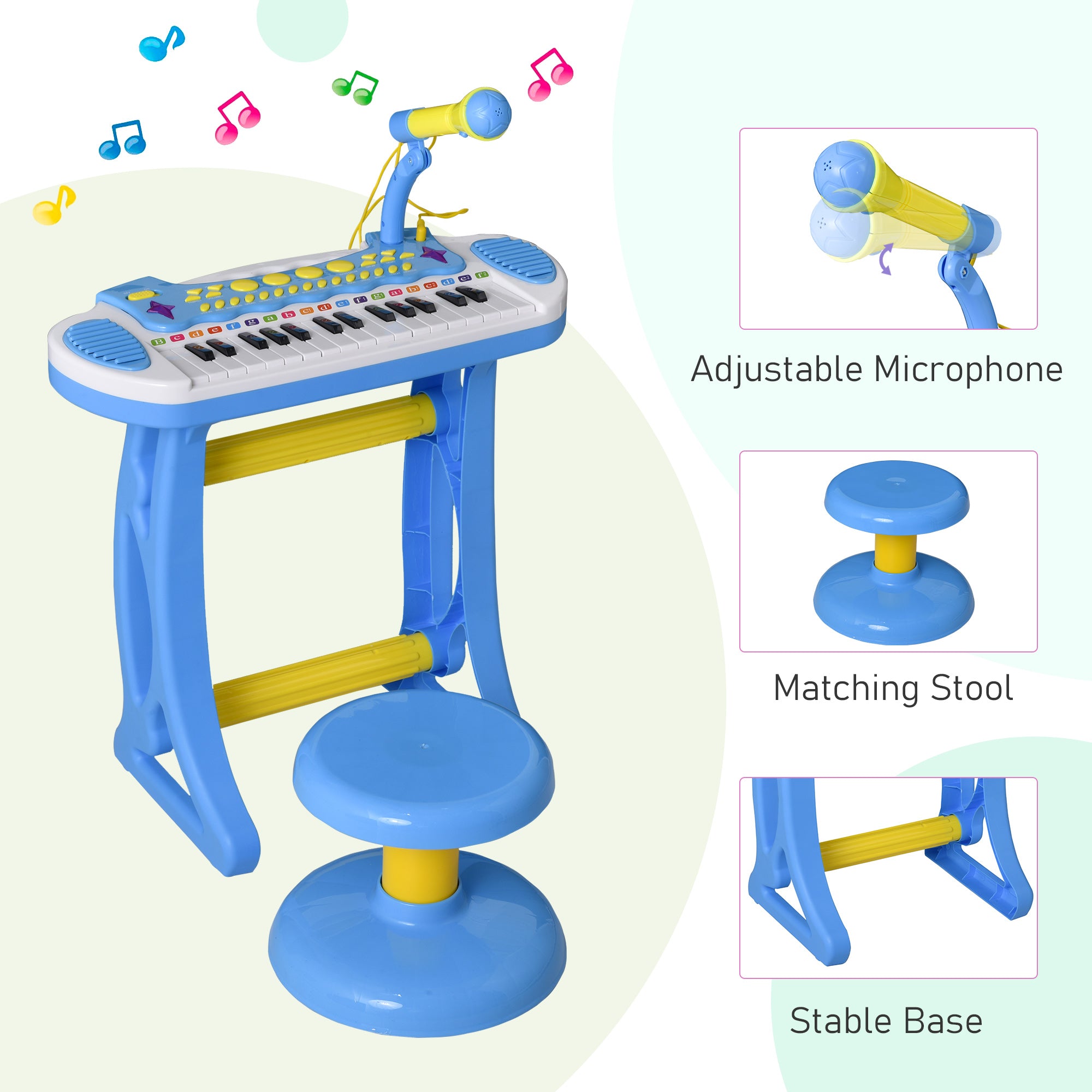 31-Key Kids Toy Keyboard Piano, Electronic Musical Instrument with Multiple Sounds, Stool, Microphone and Bright Flashing Lights, Blue
