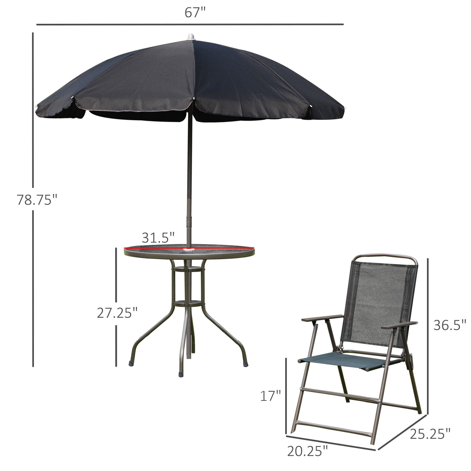 6 Piece Patio Dining Set for 4 with Umbrella, Outdoor Table and Chairs with 4 Folding Dining Chairs & Round Glass Table for Garden, Backyard and Poolside, Black and Coffee
