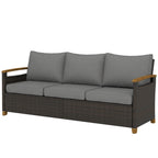 3 Seater Outdoor Couch Sofa, PE Wicker Patio Sofa, Wide Deep Seat, 4" Cushions, Wood-Effect Armrests Legs, Gray