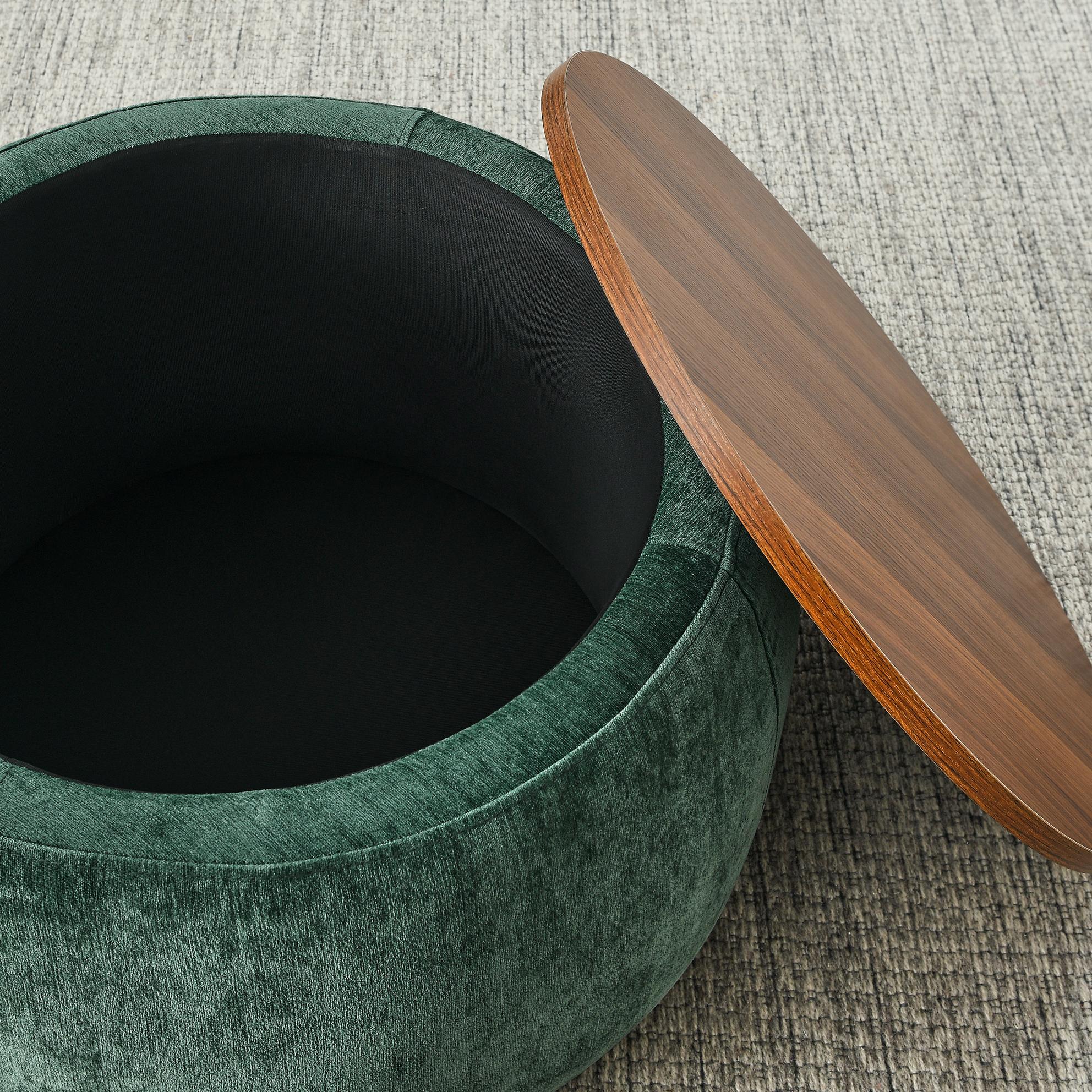 2-in-1 Round Storage Ottoman with Removable Top for Storage, End Table with Eucalyptus Wood Frame, 25" L x 25" W x 15" H, Green