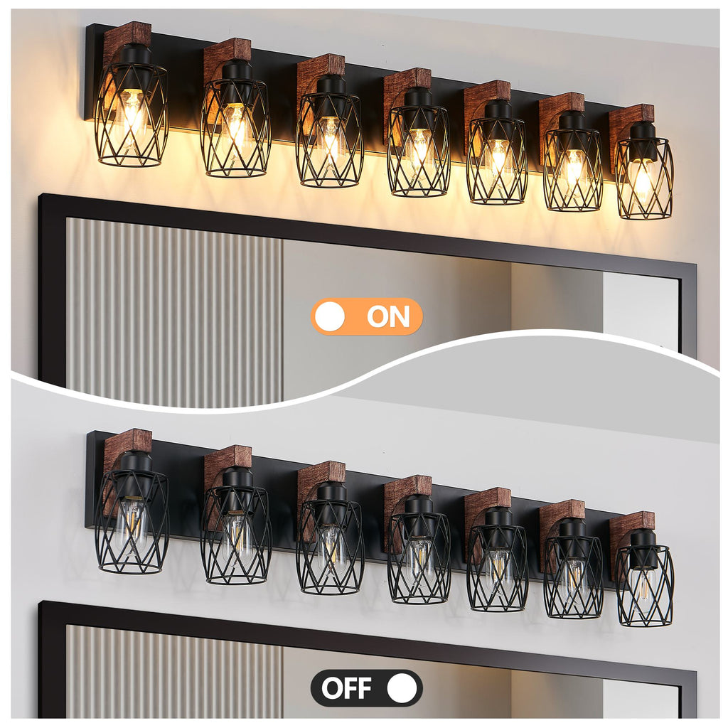 Industrial 7-Light Wall Sconce with Metal Wire Cage Shades, Wooden Accents, Ideal for Bathroom, Hallway, 44" L x 6" W x 8.5" H, Walnut+Black