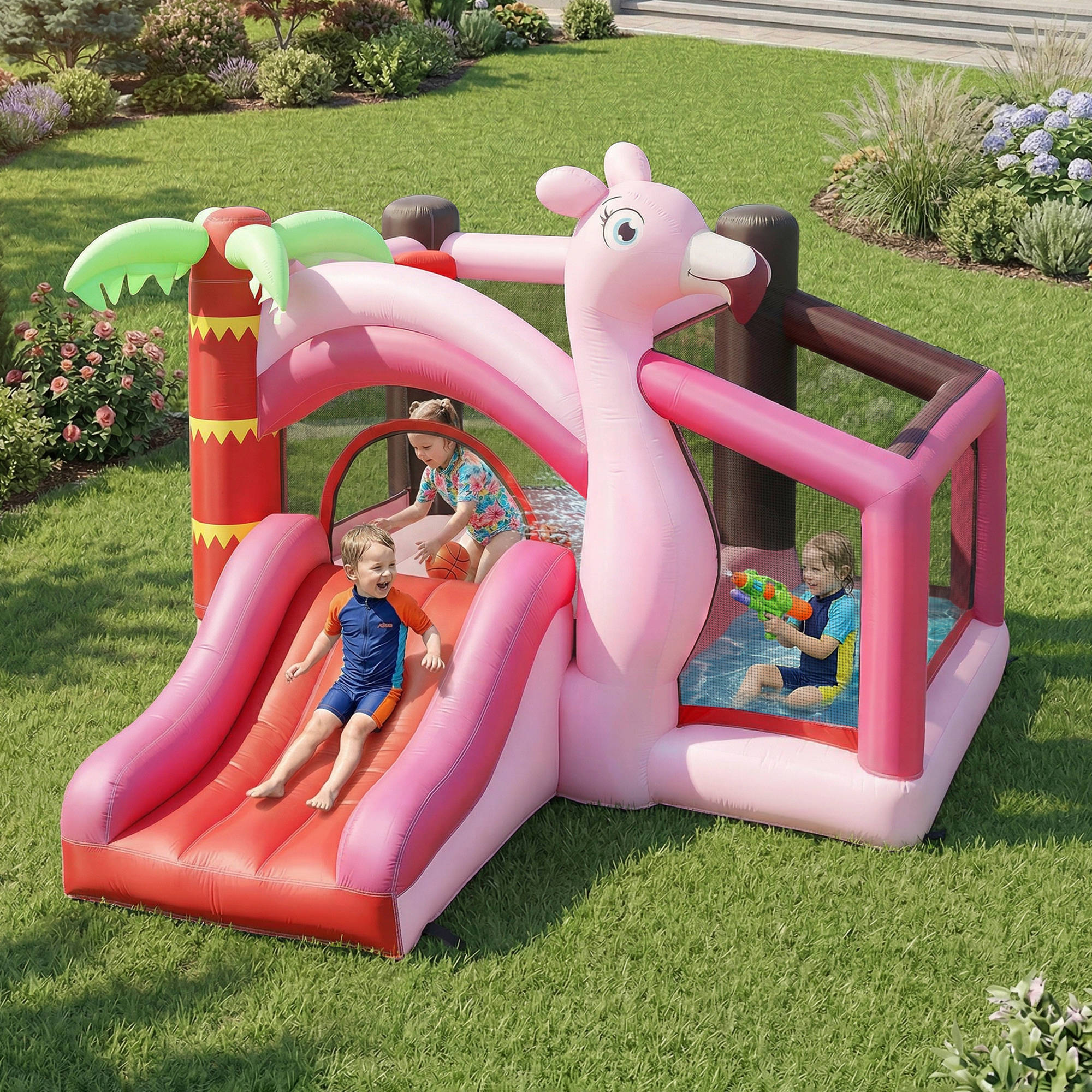 Inflatable Bounce House with Ball Pool, Basketball Hoop, Jumping Bouncy Castle with Blower for Indoor Outdoor, Pink