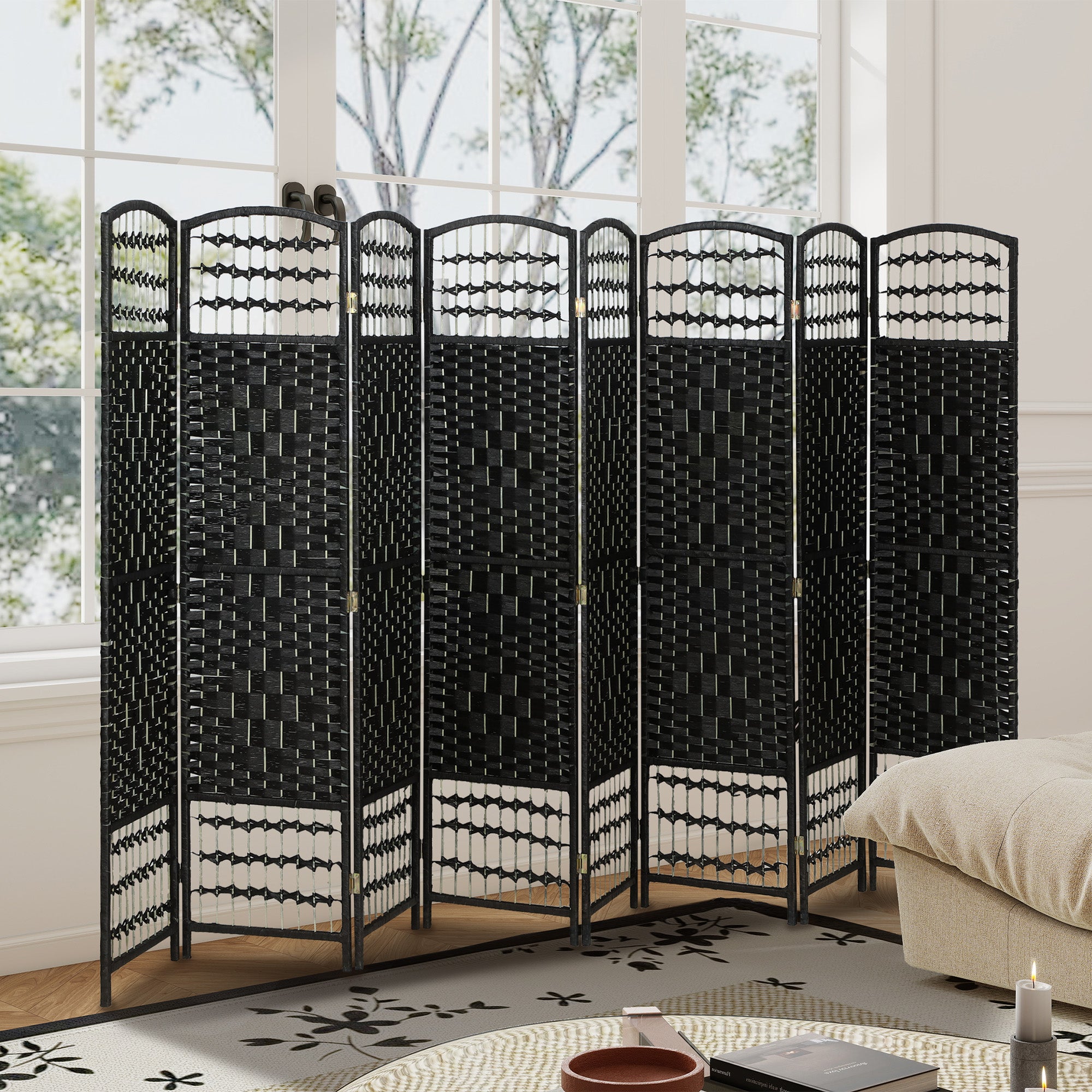 8 Panel Folding Room Divider Portable Privacy Screen Wave Fiber Room Partition for Home Office Black