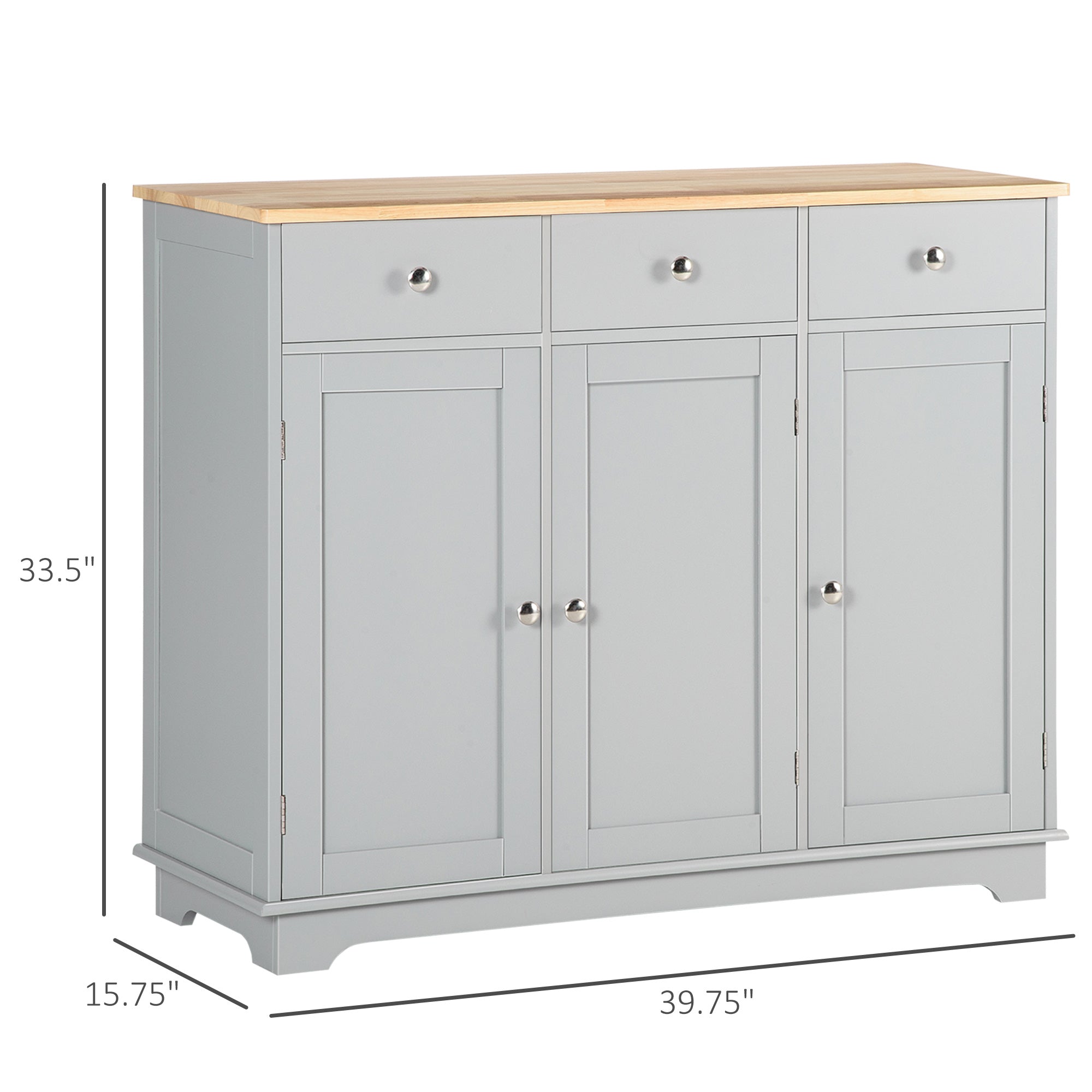 Kitchen Storage Cabinet, Sideboard Floor Cupboard with Solid Wood Top, Adjustable Shelf, and 3 Drawers, Gray