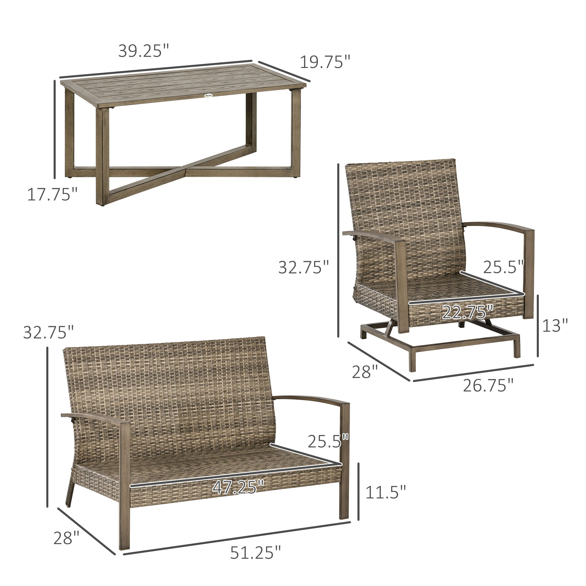 4 Piece Wicker Patio Furniture Set with 2 Rocking Chairs, Loveseat Sofa, Outdoor PE Rattan Conversation Set with Cushions, Aluminum Table for Porch, Poolside, Light Gray