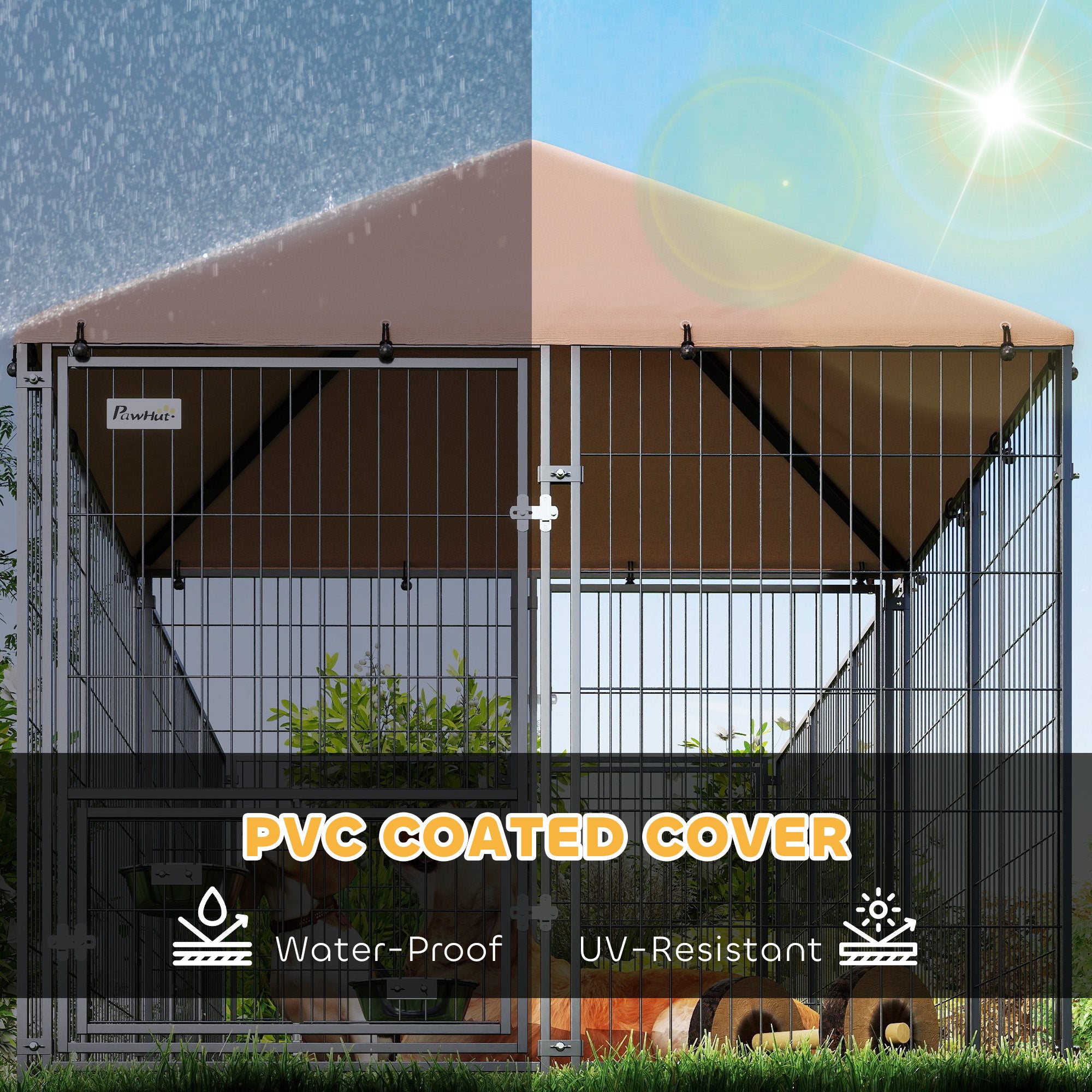 Large Outdoor Dog Kennel with Rotating & Adjustable Height Bowls, Waterproof & UV-Resistant Canopy, 11.3' x 4.7' x 5.1'