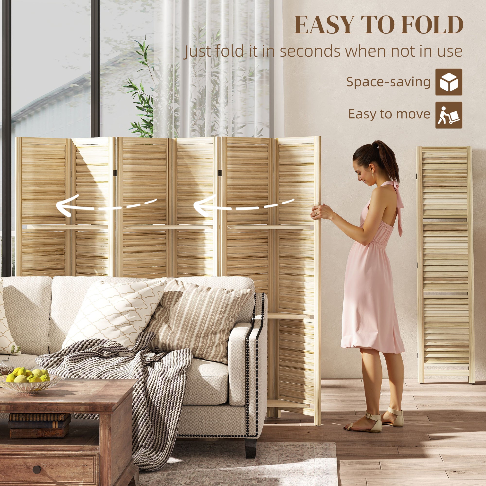 6 Panel 67" Tall Wood Privacy Screen Room Divider with 3 Shelves and Folding Storage for Bedroom, Natural Wood