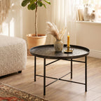 Coffee Table for Living Room, 24" Round Center Table with Hammered Tray Top and Metal Frame for Bedroom, Pewter