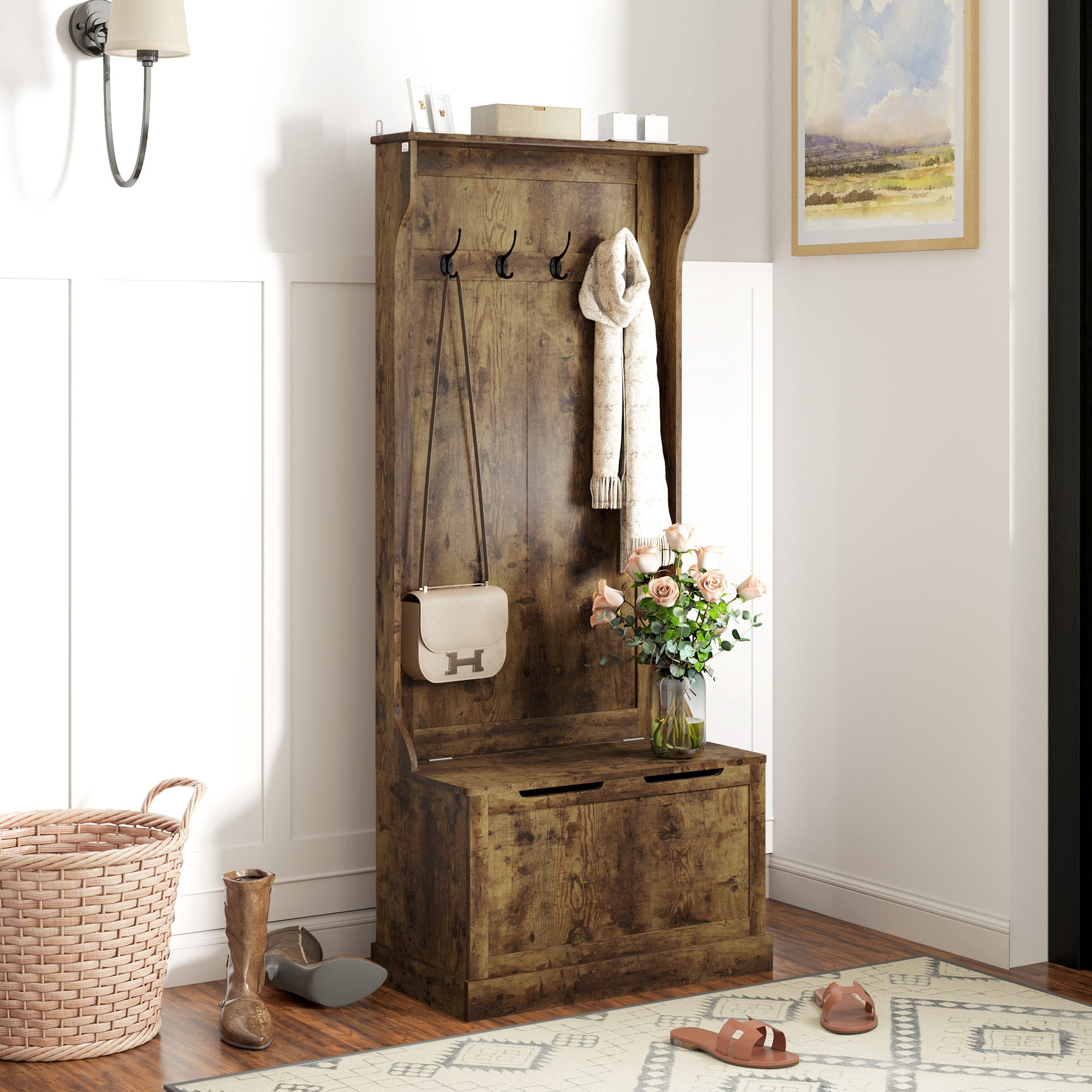 Hall Tree with Coat Rack, Storage, and Sitting Bench, Rustic Brown