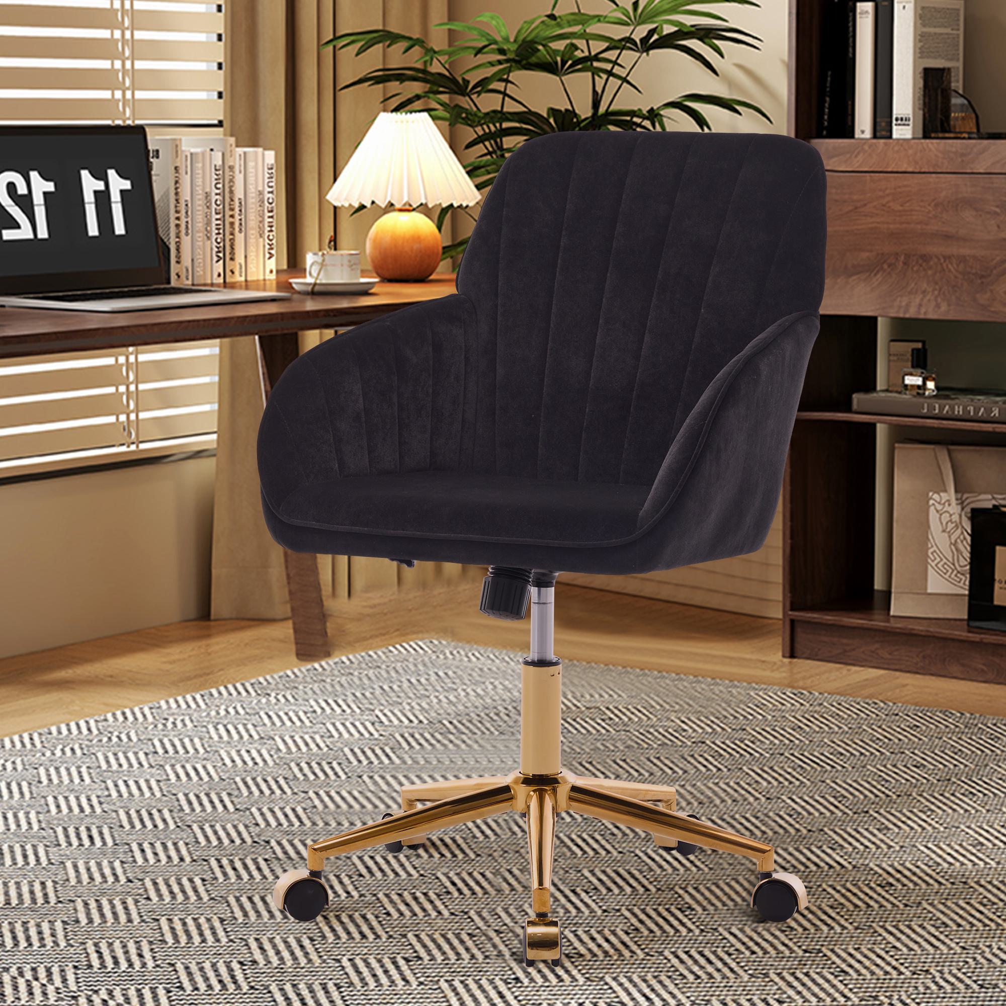 Adjustable Ergonomic Swivel Chair with Velvet Cushion and Lumbar Support, Office Chair with Golden Base, 25" L x 23" W x 38" H, Black