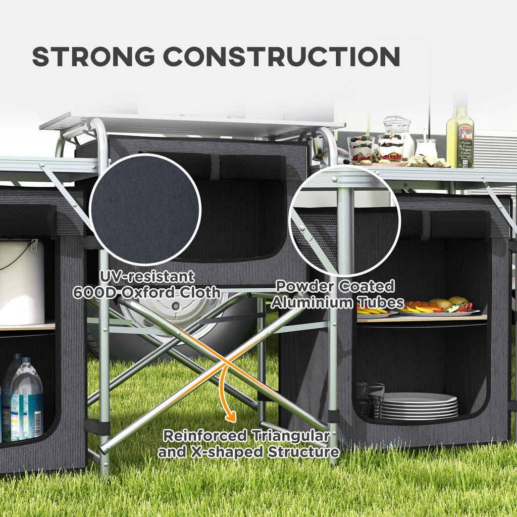 Aluminum Camping Kitchen, Portable Folding Camping Table with Fabric Cupboards, Windshield, Bag for BBQ, Picnic, Black