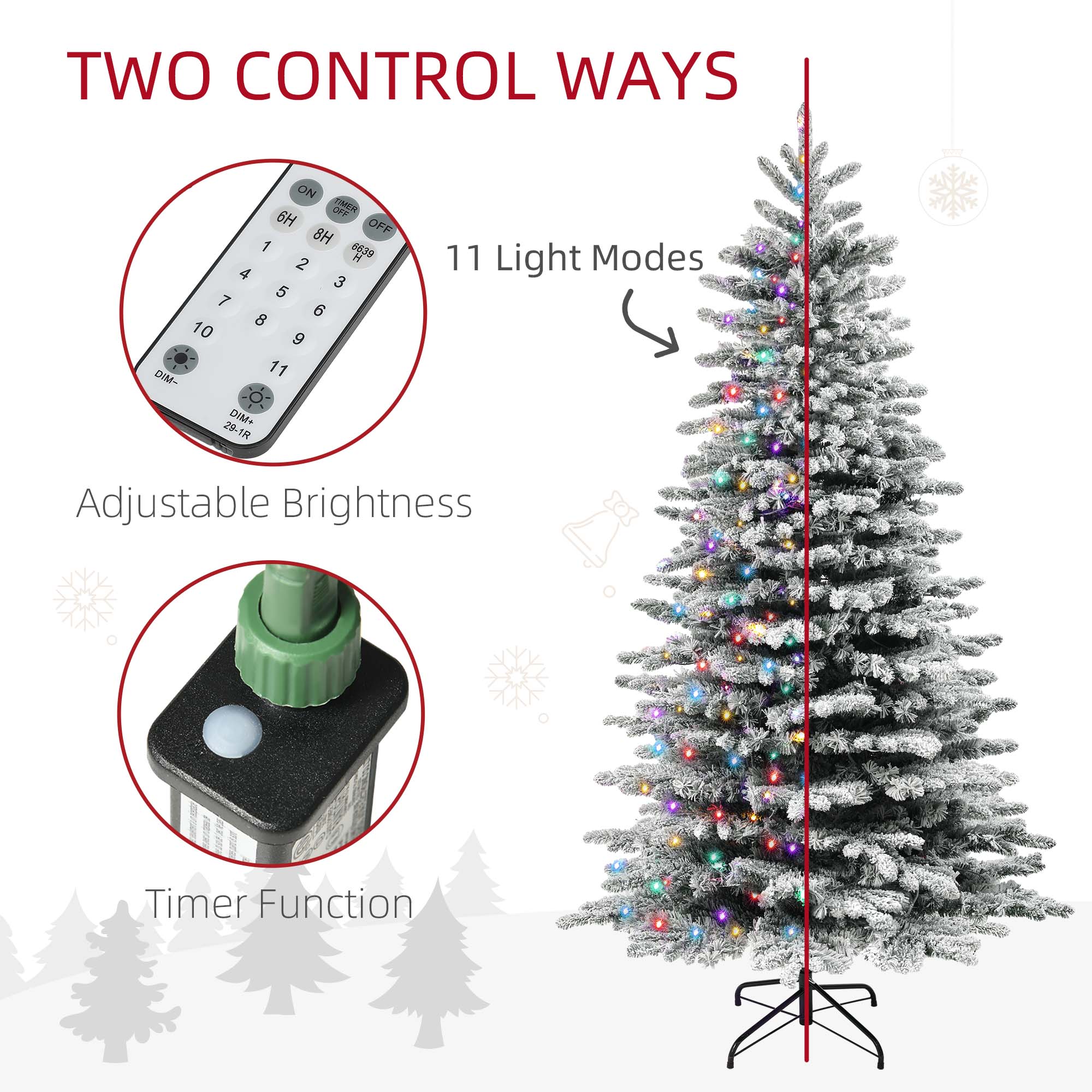 7.5ft Snow Flocked Artificial Christmas Tree, Pre-Lit Christmas Tree with 500 LED Lights and 1264 Branch Tips, Green
