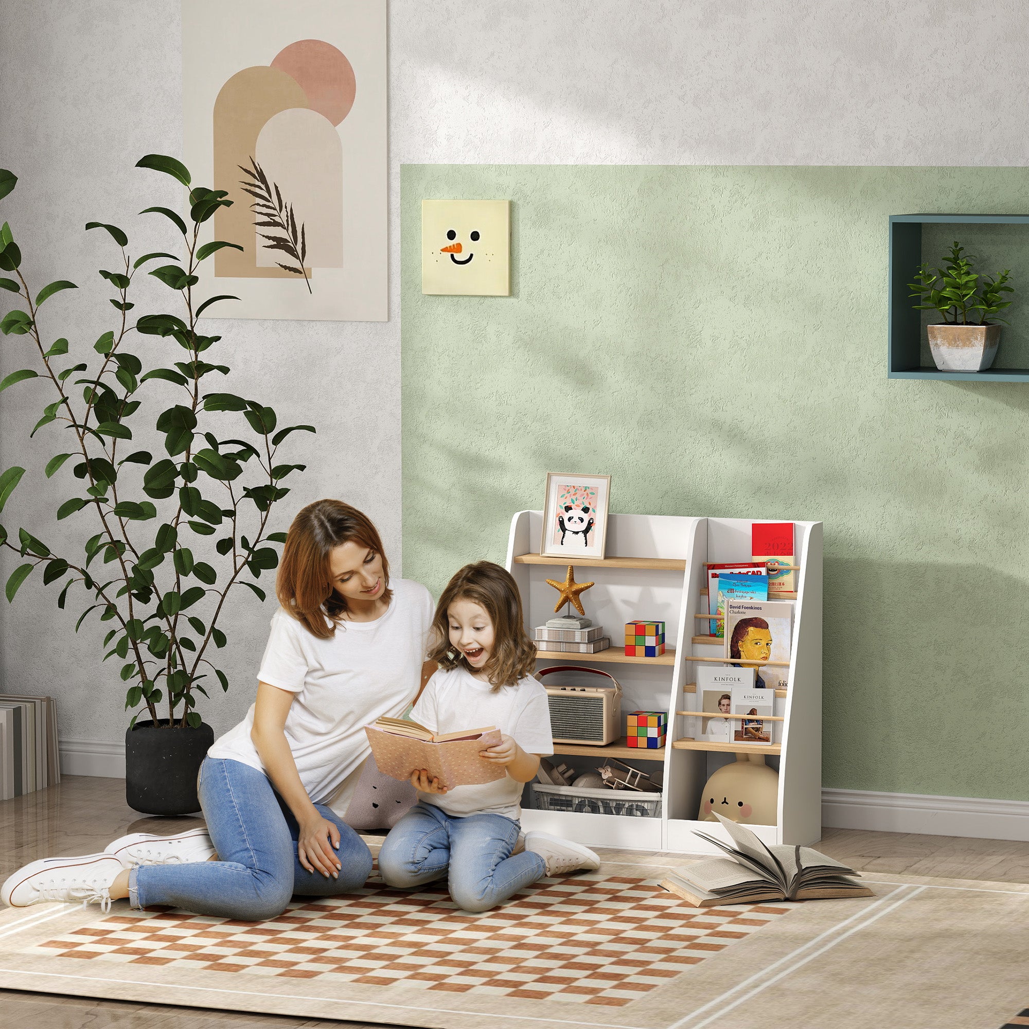 4 Tier Kids Bookshelf and Toy Storage Organizer with Book Rack, for Living Room, Kids Room, Playroom, Bedroom, White