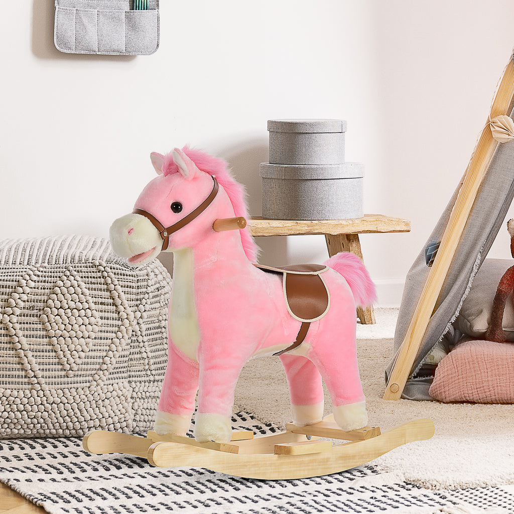Rocking Horse Plush Animal on Wooden Rockers, Baby Rocking Chair with Sounds, Moving Mouth, Wagging Tail, Pink