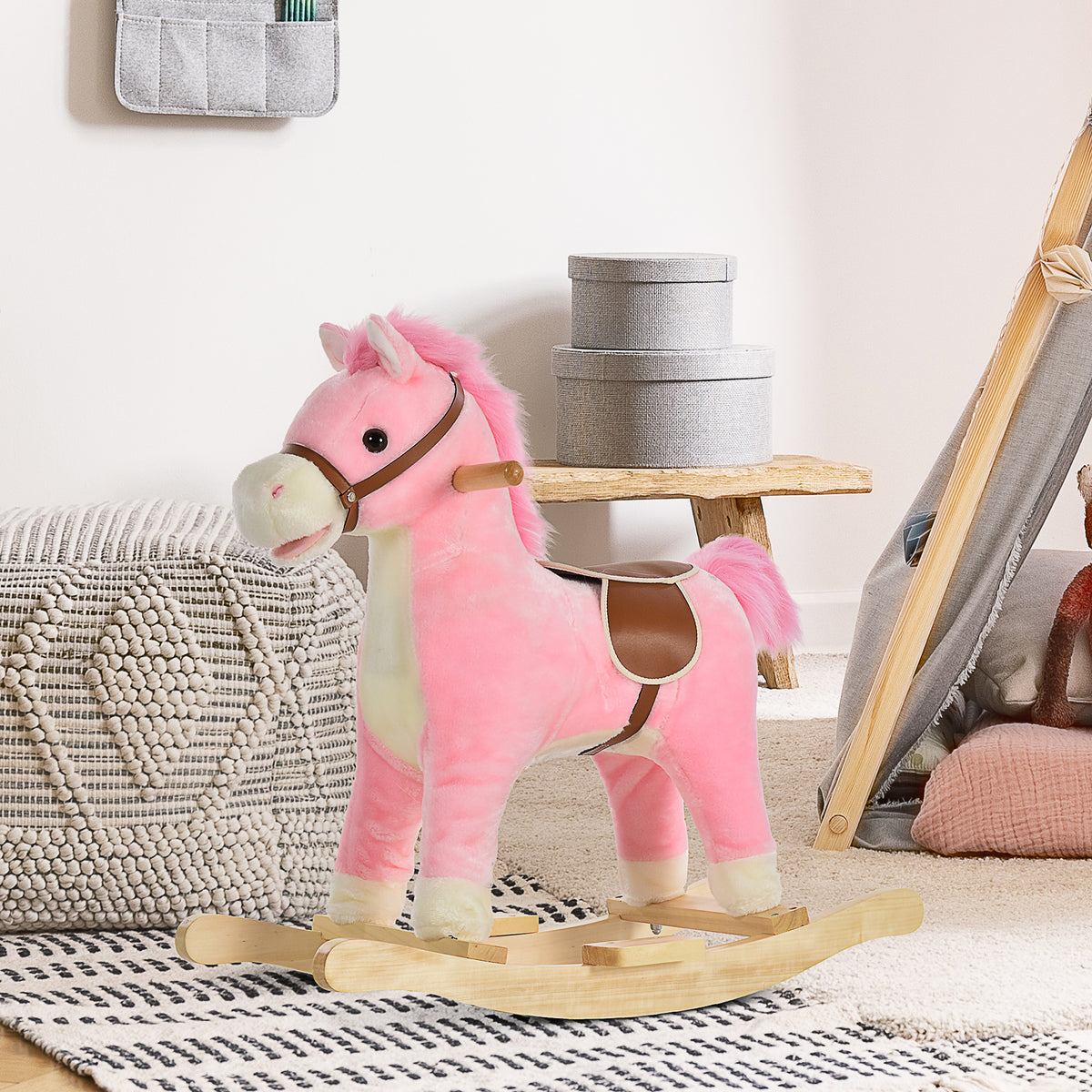 Rocking Horse Plush Animal on Wooden Rockers, Baby Rocking Chair with Sounds, Moving Mouth, Wagging Tail, Pink