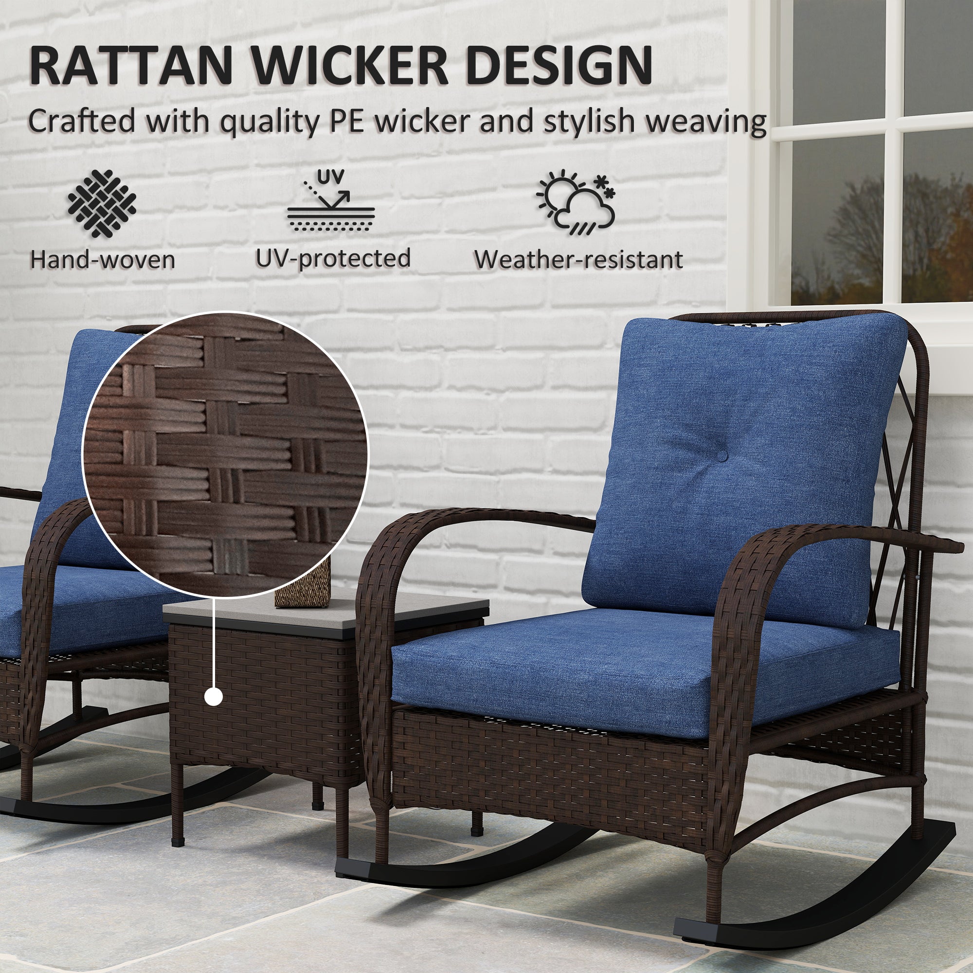 3 Piece Wicker Patio Furniture Set, Outdoor PE Rattan Rocking Chairs with Coffee Table, Cushions for Porch, Brown
