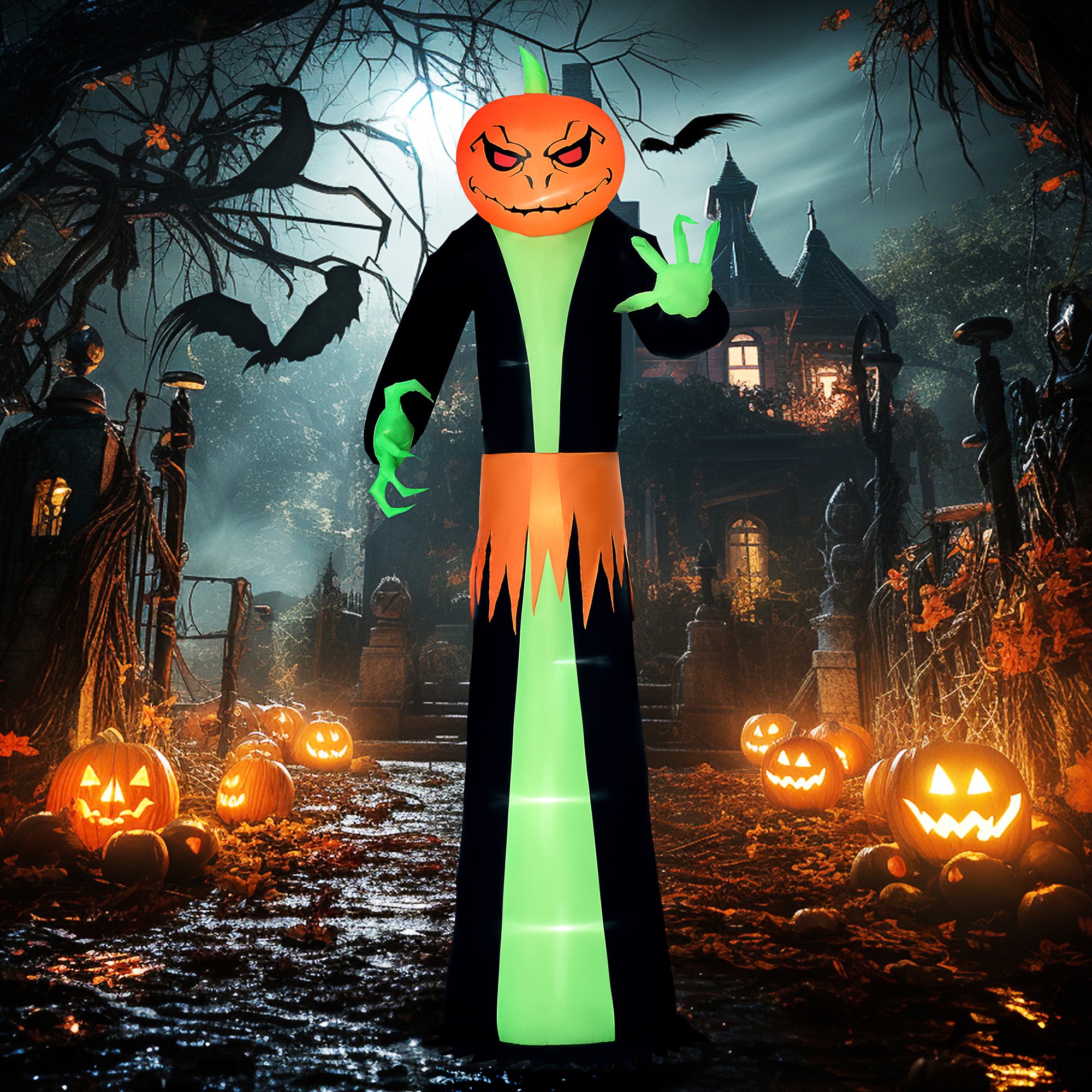 9' Halloween Inflatables Outdoor Decorations Pumpkin Head Ghost, Blow Up LED Yard Decor for Garden, Lawn, Party, Holiday, Waterproof