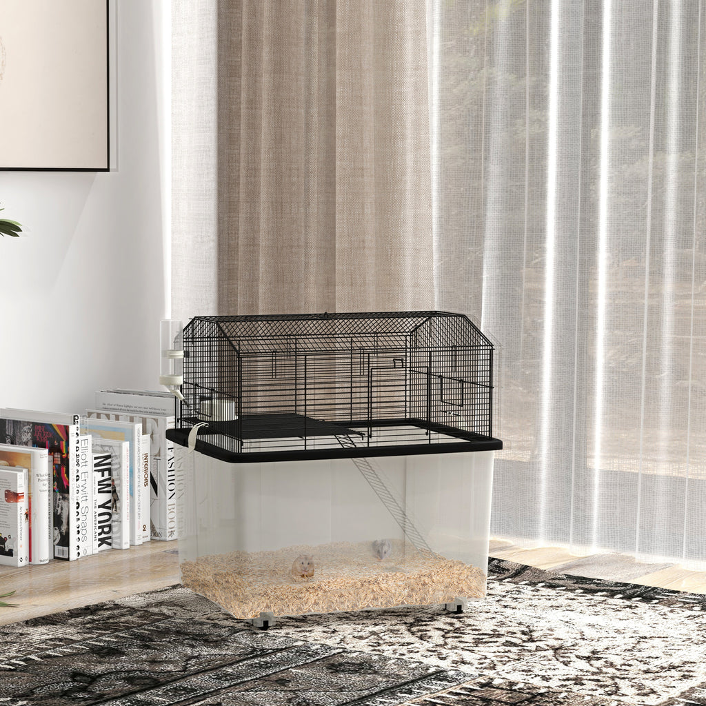 22" 2-Tier Hamster Cage with Extra-Deep 14" Base, Small Animal Cage with Ramp, Water Bottle, Food Dish, Wheels, Black