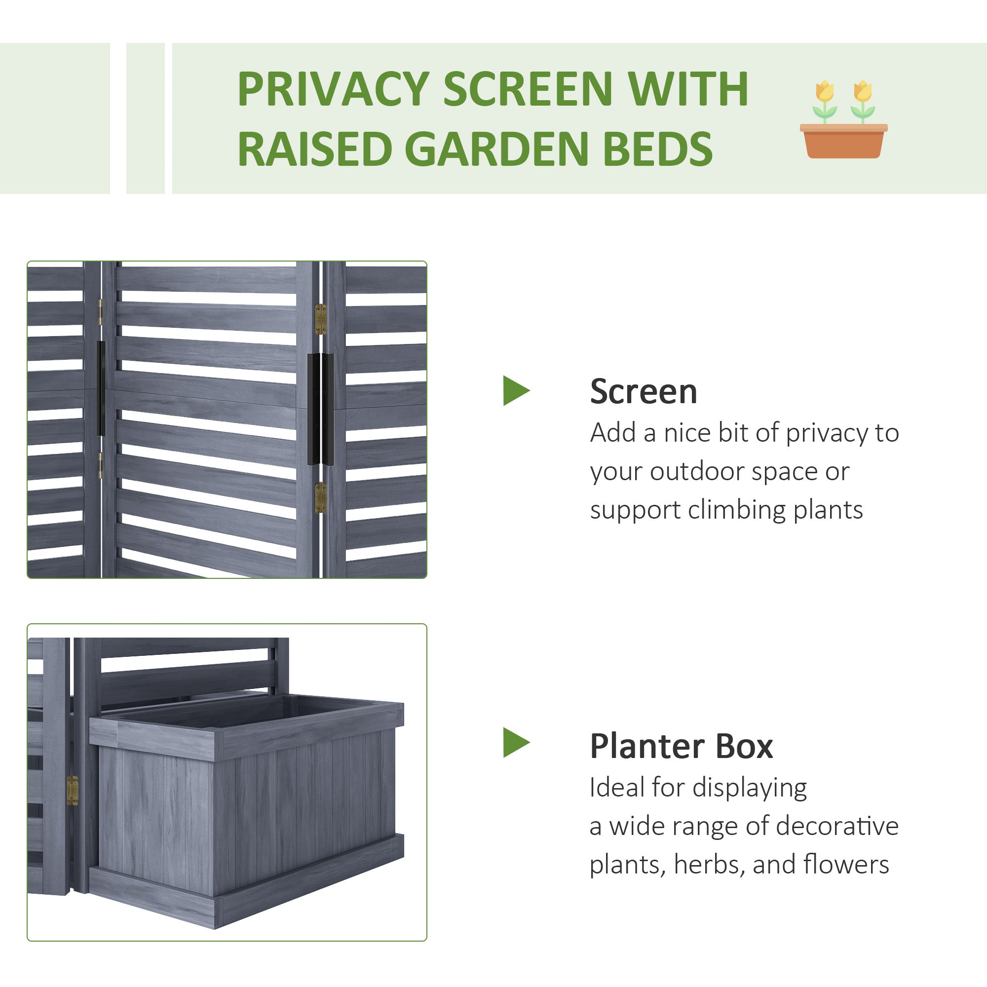 Wood Privacy Screen w/ 4 Planter Box, Raised Bed w/ 3 Panels & Drainage Holes