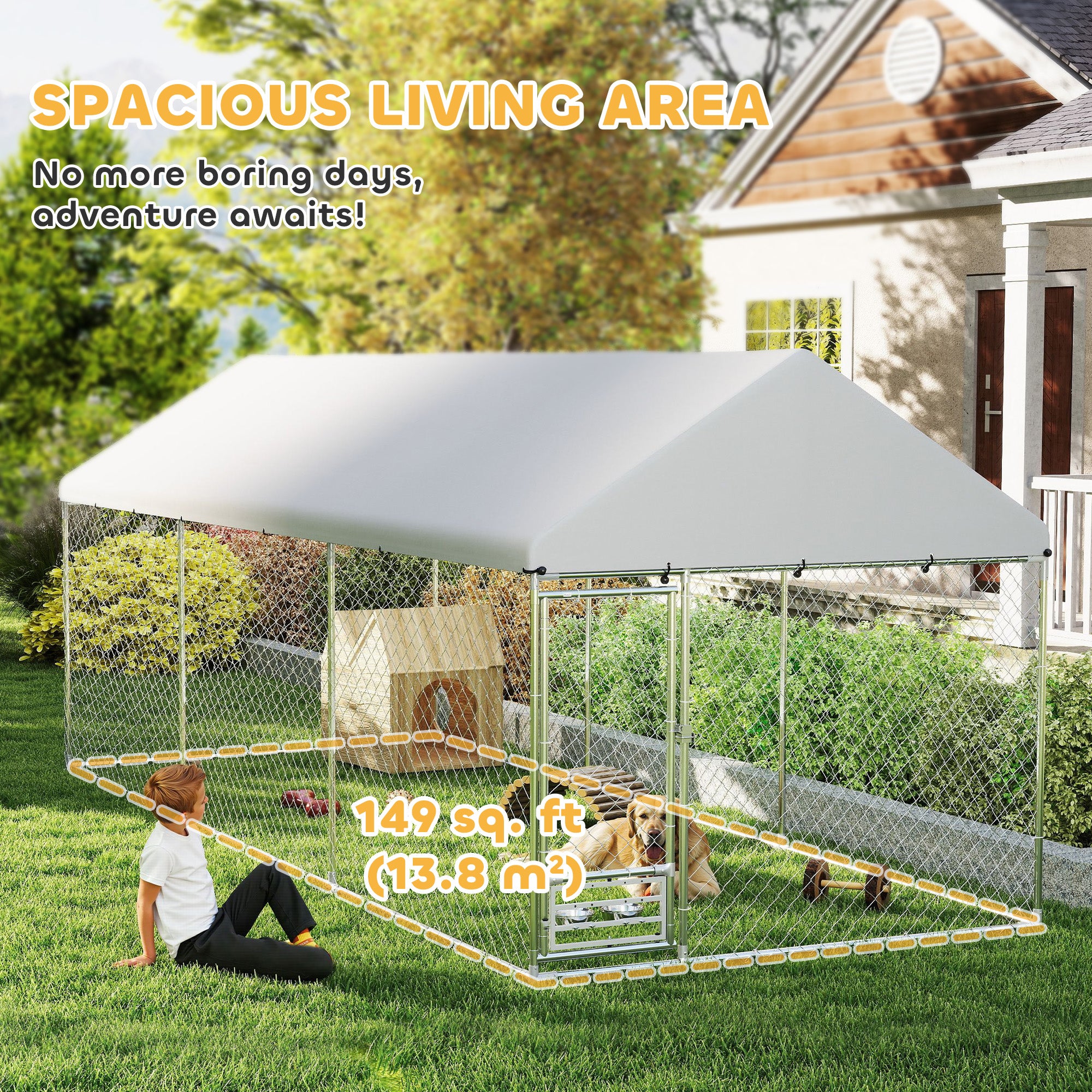 Outdoor Dog Kennel w/ Adjustable & Rotatable Bowl Rack, Waterproof UV-Resistant Cover, Secure Lock, 19.7' x 7.5' x 7.5'