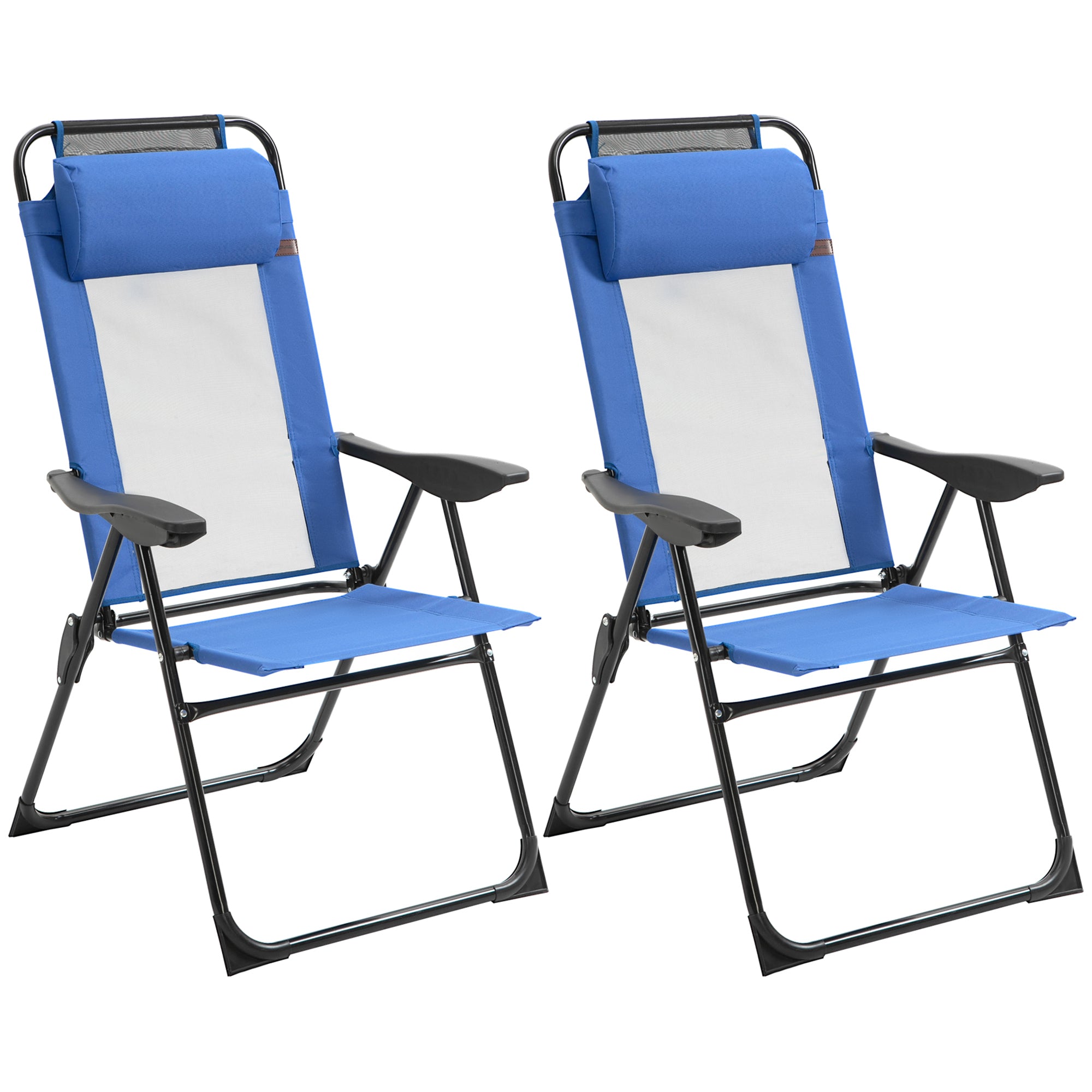 Folding Patio Dining Chairs Set of 2, Outdoor Deck Chair with Removable Headrest, Camping Chair with Adjustable Sling Back for Garden, Backyard, Lawn, Blue