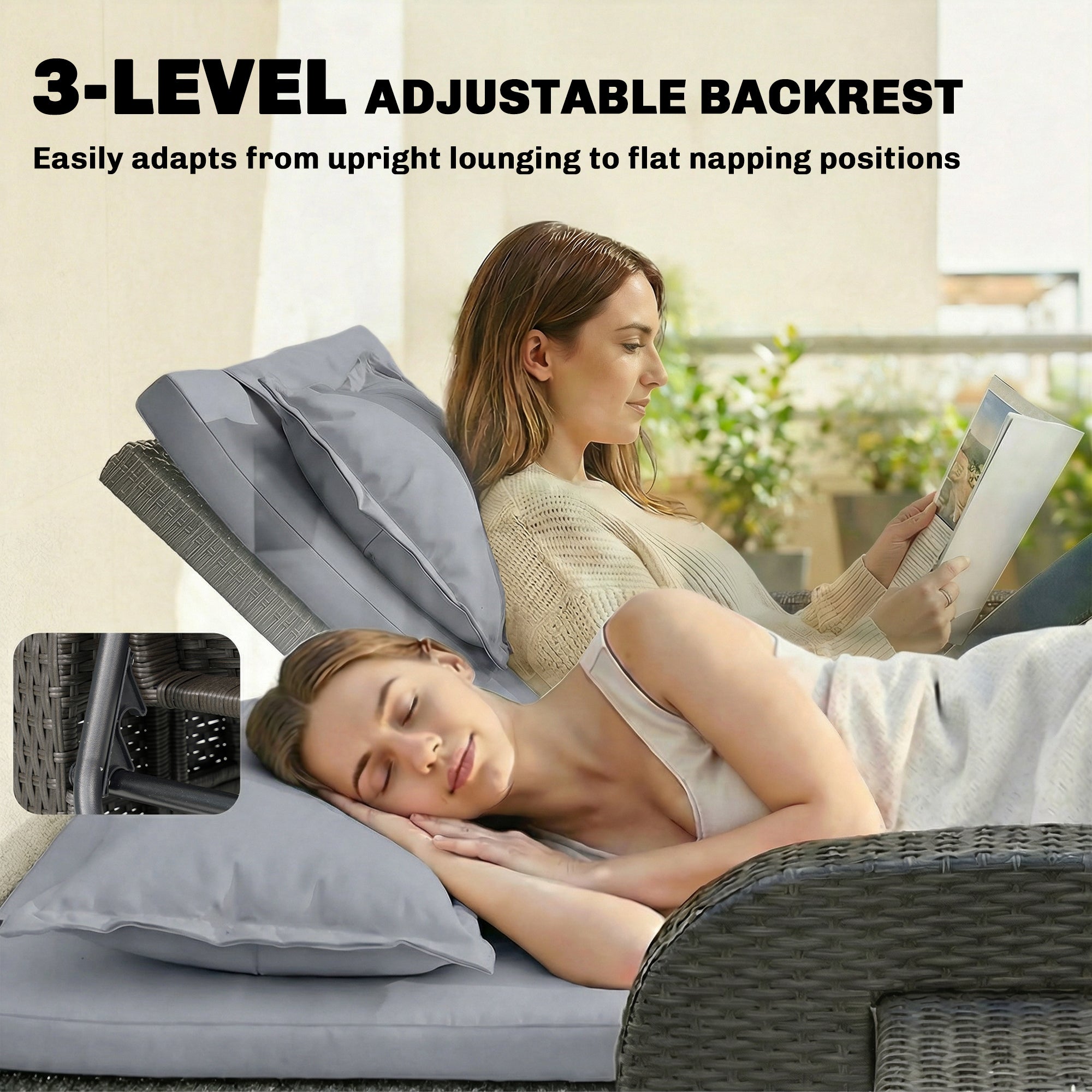 Patio Rattan Daybed, Wicker Outdoor Daybed with Storage Ottoman, Loveseat w/ Adjustable Backrest, Gray