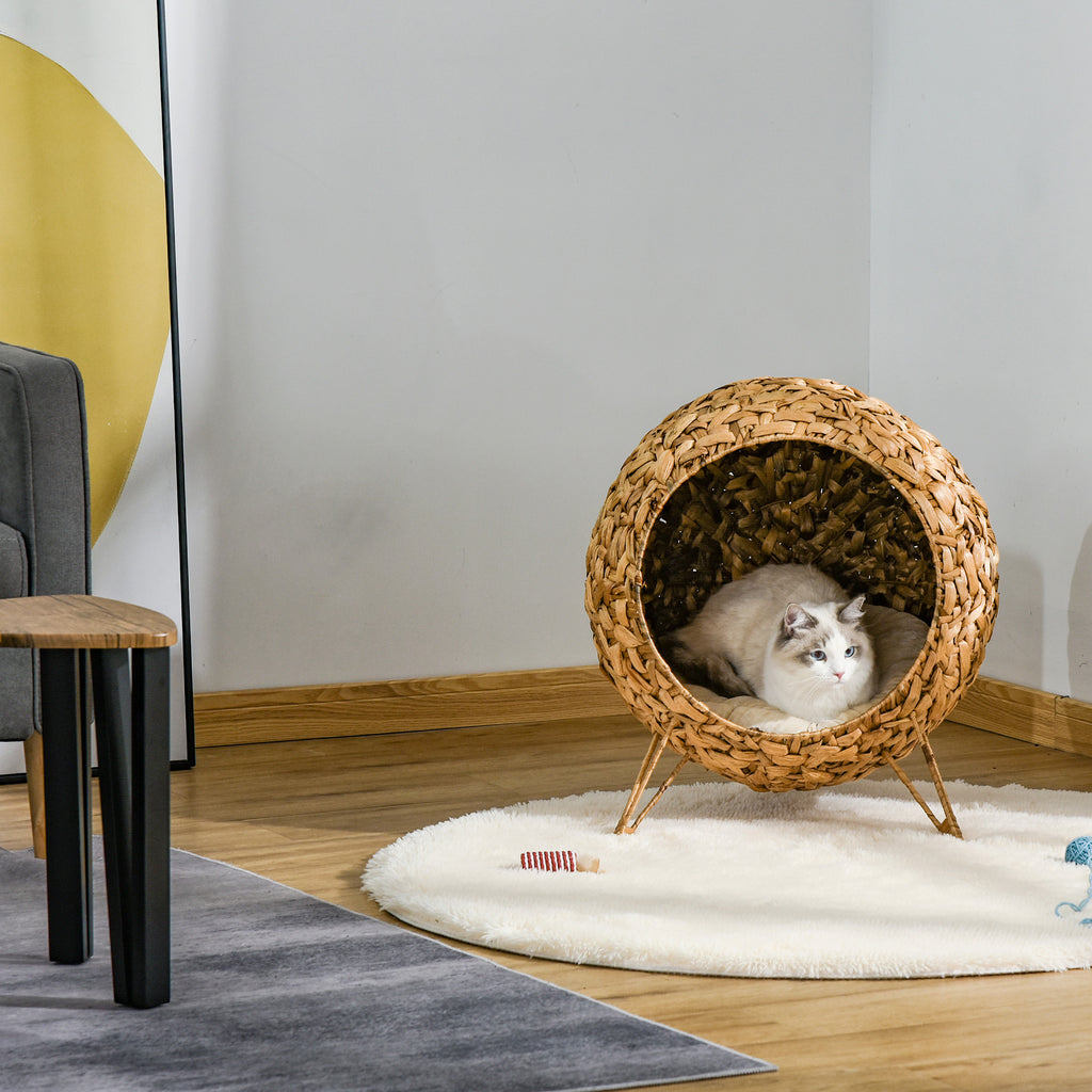 20.5" Weaved Cat Bed, Elevated Hand-woven Braided Banana Leaf Kitten House Condo with Cushion, Natural