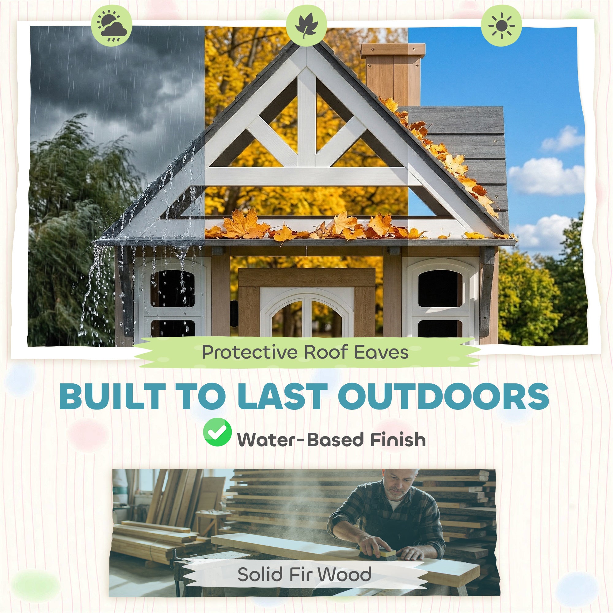 Outdoor Playhouse, Wooden Kids Playhouse with Dog Door, Cookware, Planter Box, Bell, Blackboard, Clock for Backyard
