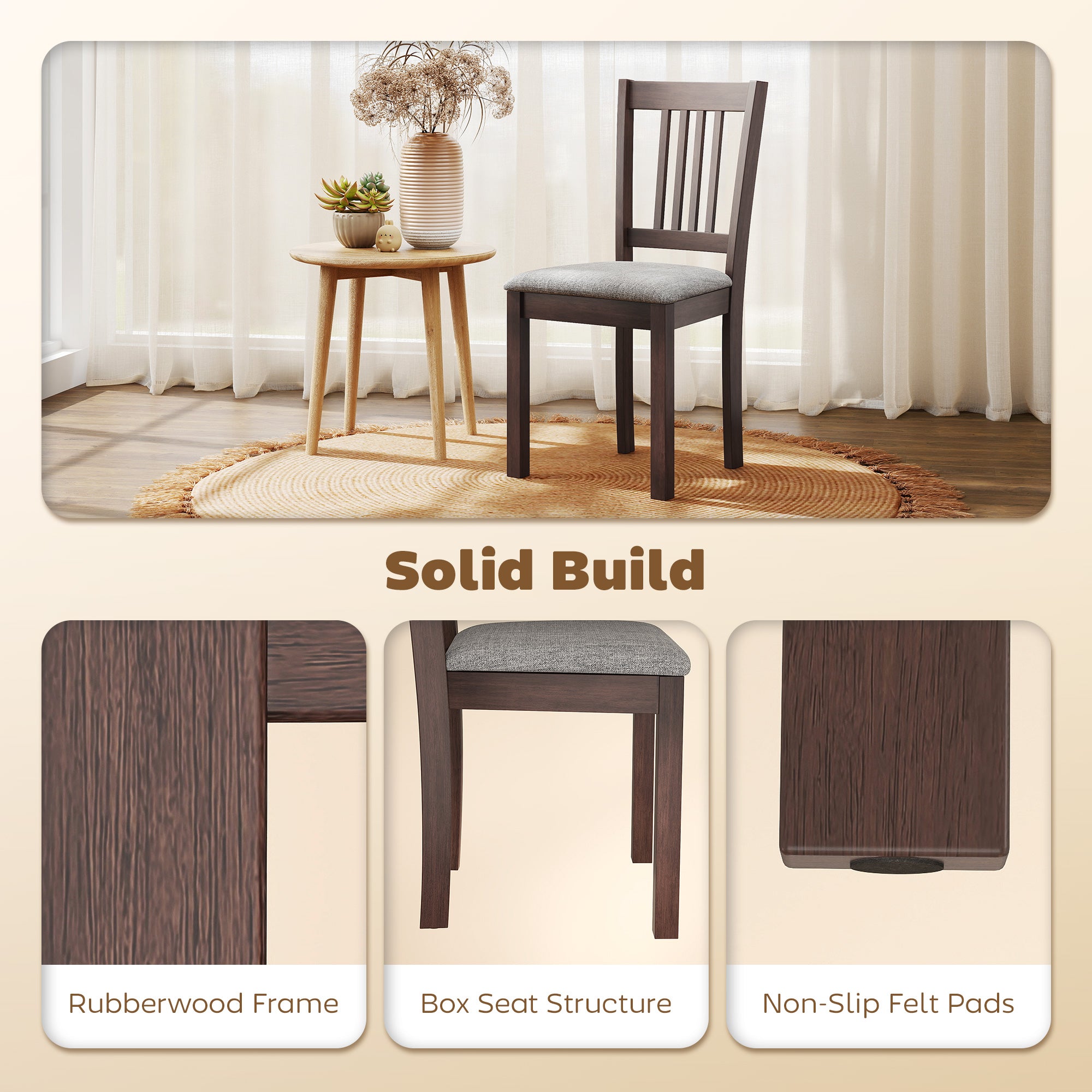 Dining Chairs Set of 2 Linen Upholstered Kitchen Chairs with Rubberwood Legs for Dining Room Living Room Espresso Gray