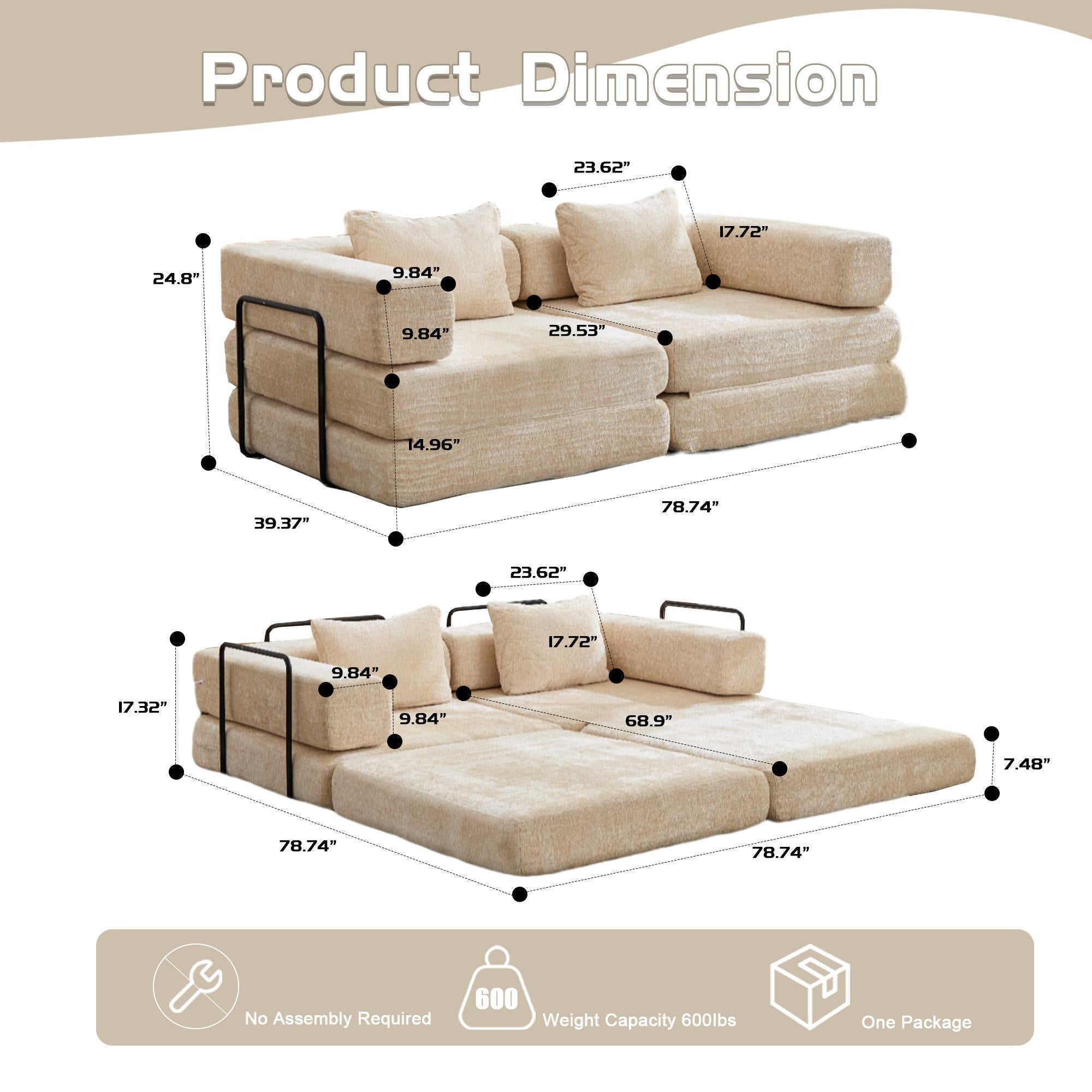 Convertible Sofa Bed Floor Sofa with Fixed-Shape Frame and Chenille Fabric, Compressed Sofa for Living Room, 79" L x 39.5" W x 25" H, Beige
