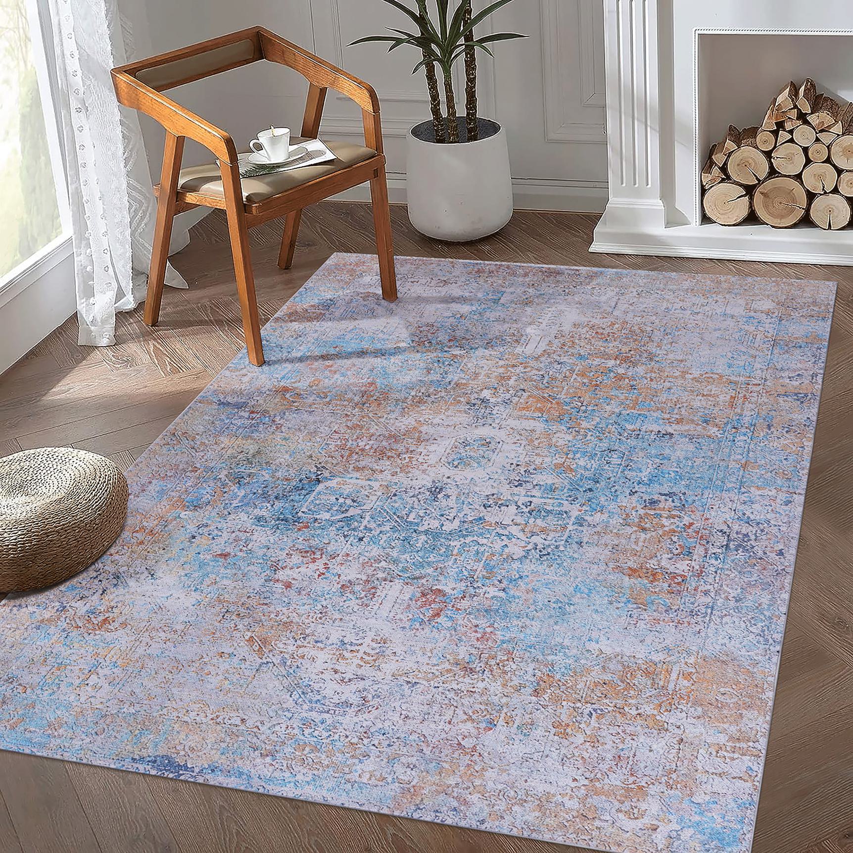 6x9 Washable Low-Pile Non-Slip Non-Shedding Area Rug, Kid and Pet Friendly, Foldable Carpet for Living Room, Bedroom, Kitchen, Multicolor