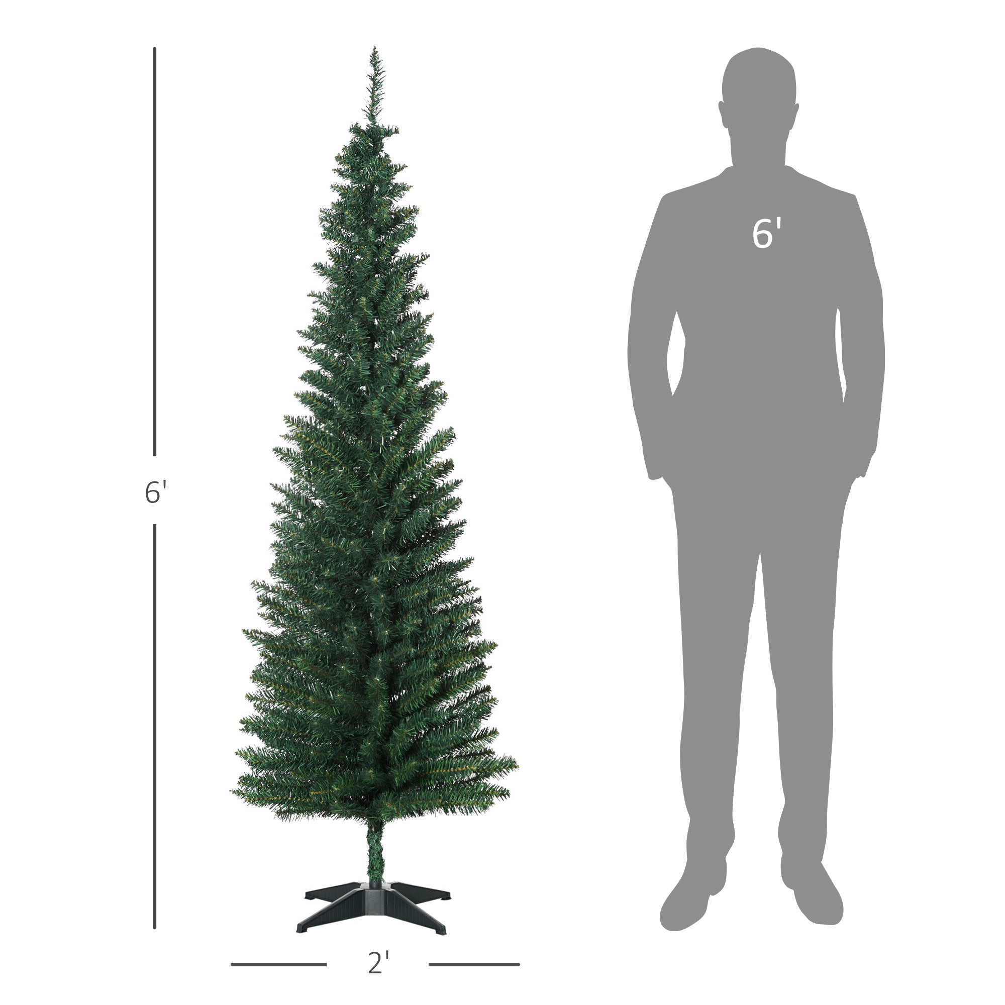 6' Artificial Pencil Christmas Tree, Slim Xmas Tree with 390 Realistic Branch Tips and Plastic Stand, Green