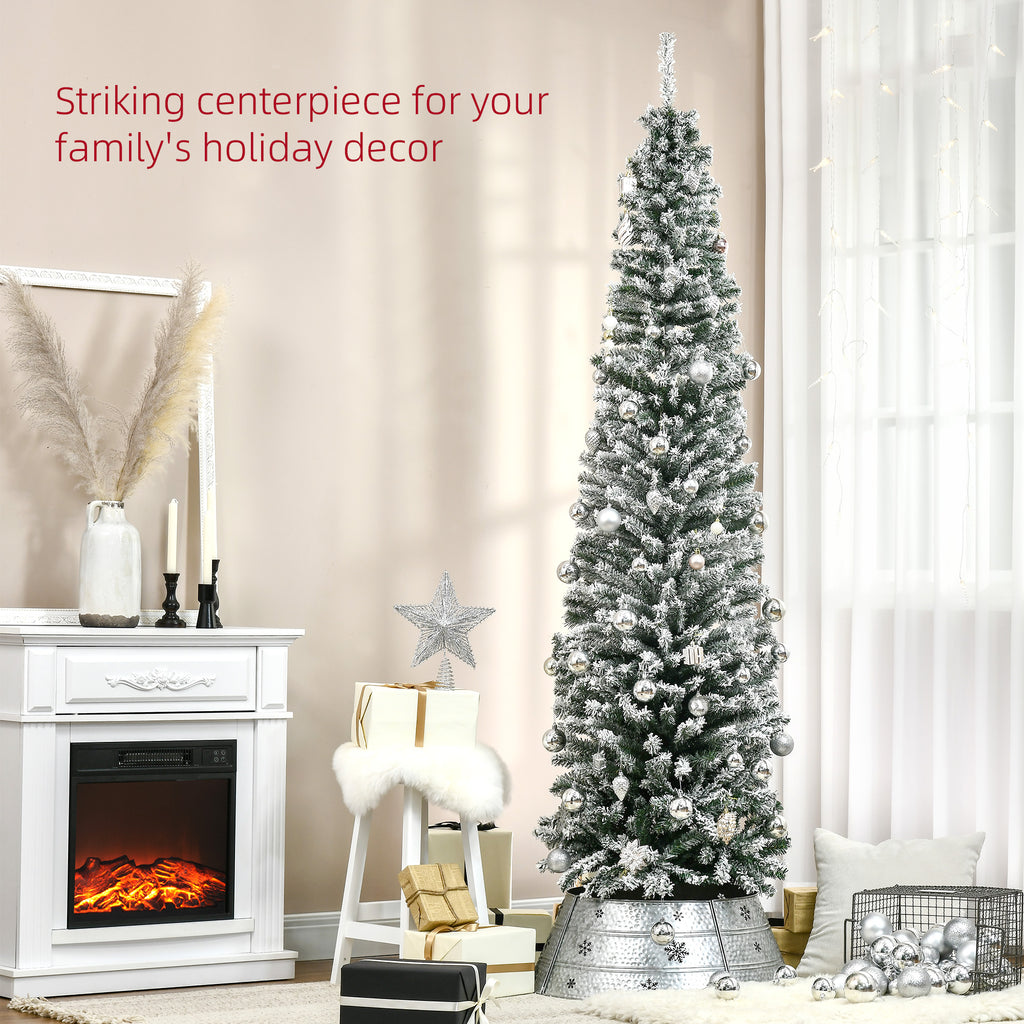 7.5ft Flocked Christmas Tree, Pencil Artificial Xmas Tree with Faux Snow, Dense Branches, Foldable Metal Base for Indoor Holiday Decor