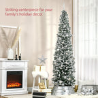 7.5ft Flocked Christmas Tree, Pencil Artificial Xmas Tree with Faux Snow, Dense Branches, Foldable Metal Base for Indoor Holiday Decor