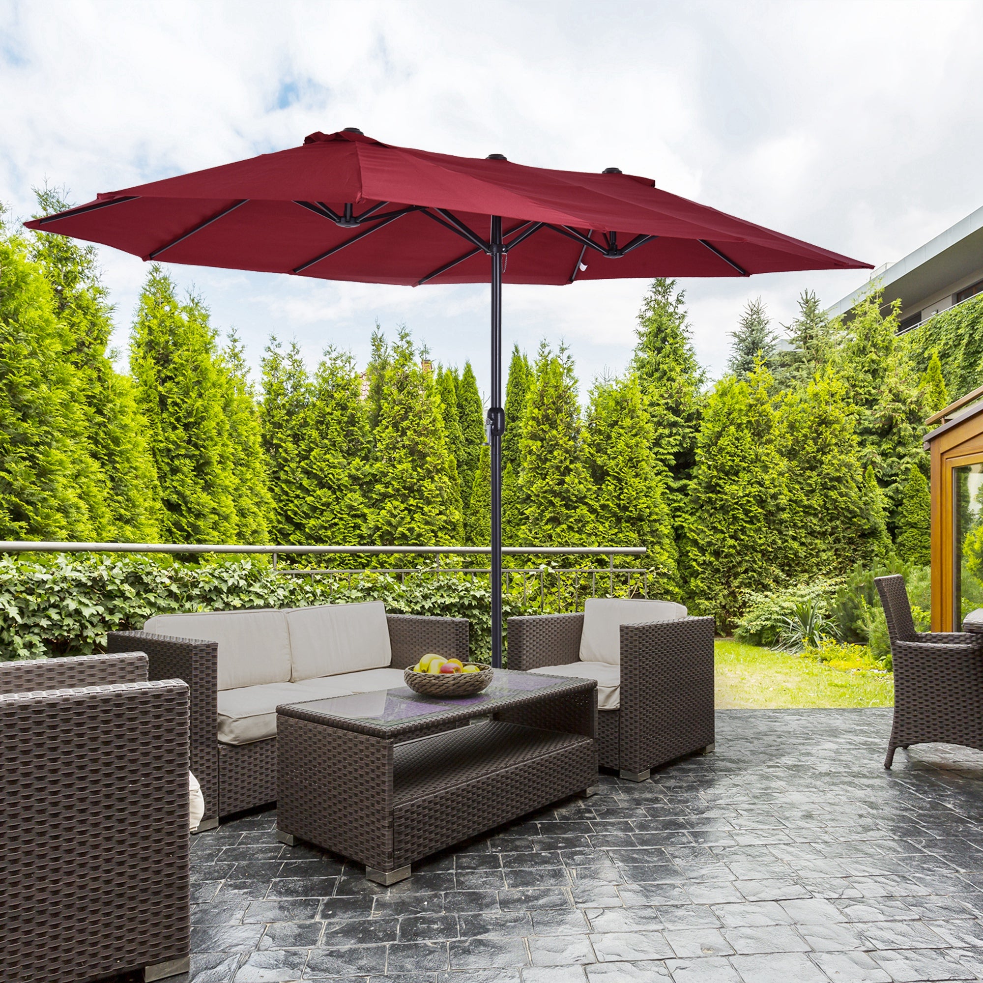 Extra Large 15 ft Patio Umbrella, Double-Sided Wide Outdoor Umbrella with Crank Handle and Air Vents for Backyard, Deck, Pool, Market, Wine Red