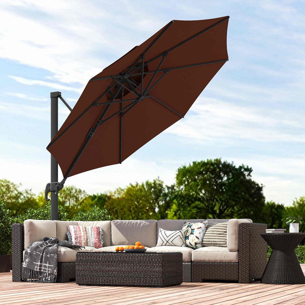 11ft Cantilever Patio Umbrella with Base, Double Top Hanging Aluminum Offset Umbrella with 360° Rotation, Easy Tilt, 8 Ribs, Crank, Cross Base for Backyard, Brown
