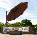 11ft Cantilever Patio Umbrella with Base, Double Top Hanging Aluminum Offset Umbrella with 360° Rotation, Easy Tilt, 8 Ribs, Crank, Cross Base for Backyard, Brown